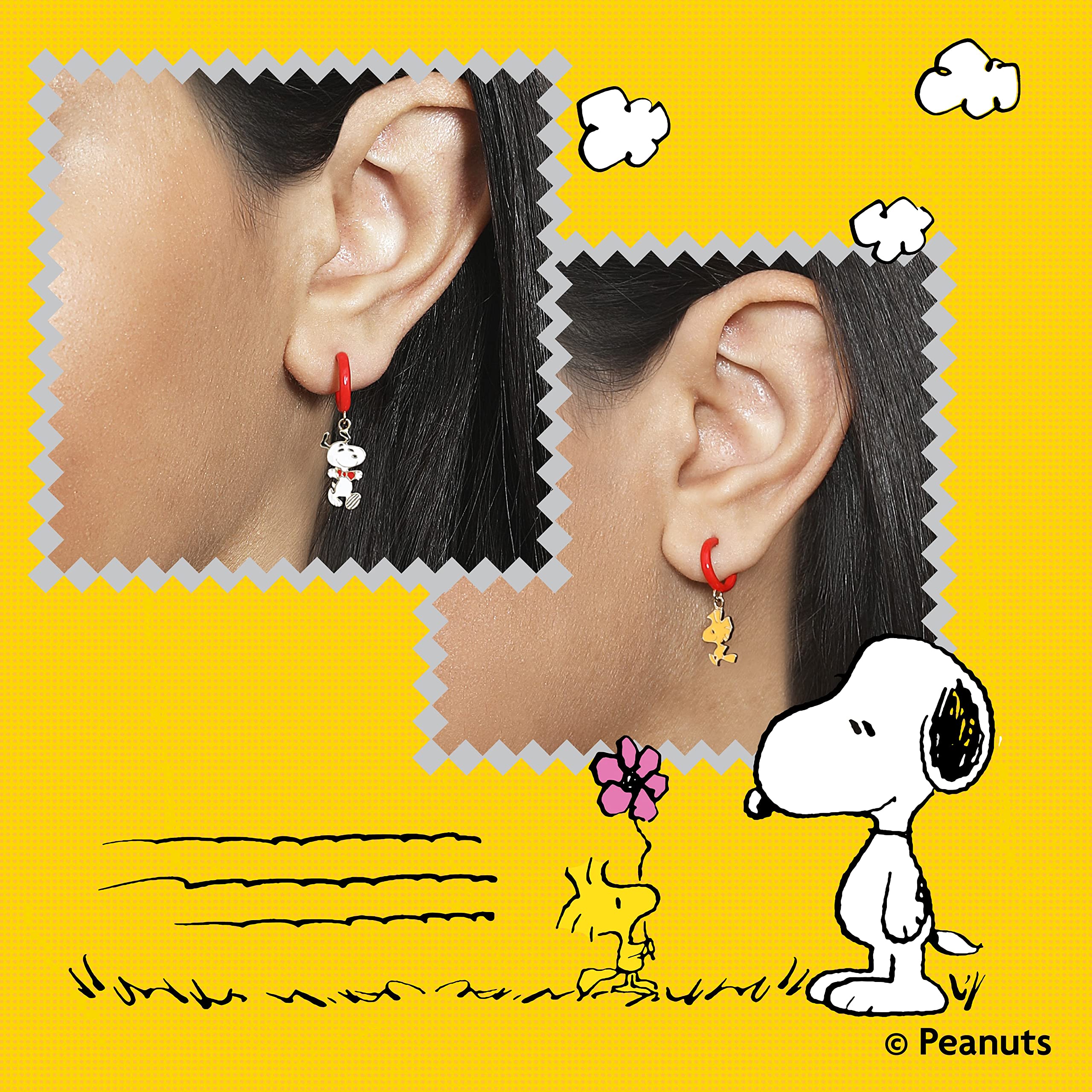 Peanuts Womens Flash Plated Sterling Silver and Enamel Woodstock and Snoopy Earrings - Small Hoop Dangle Earrings with Woodstock