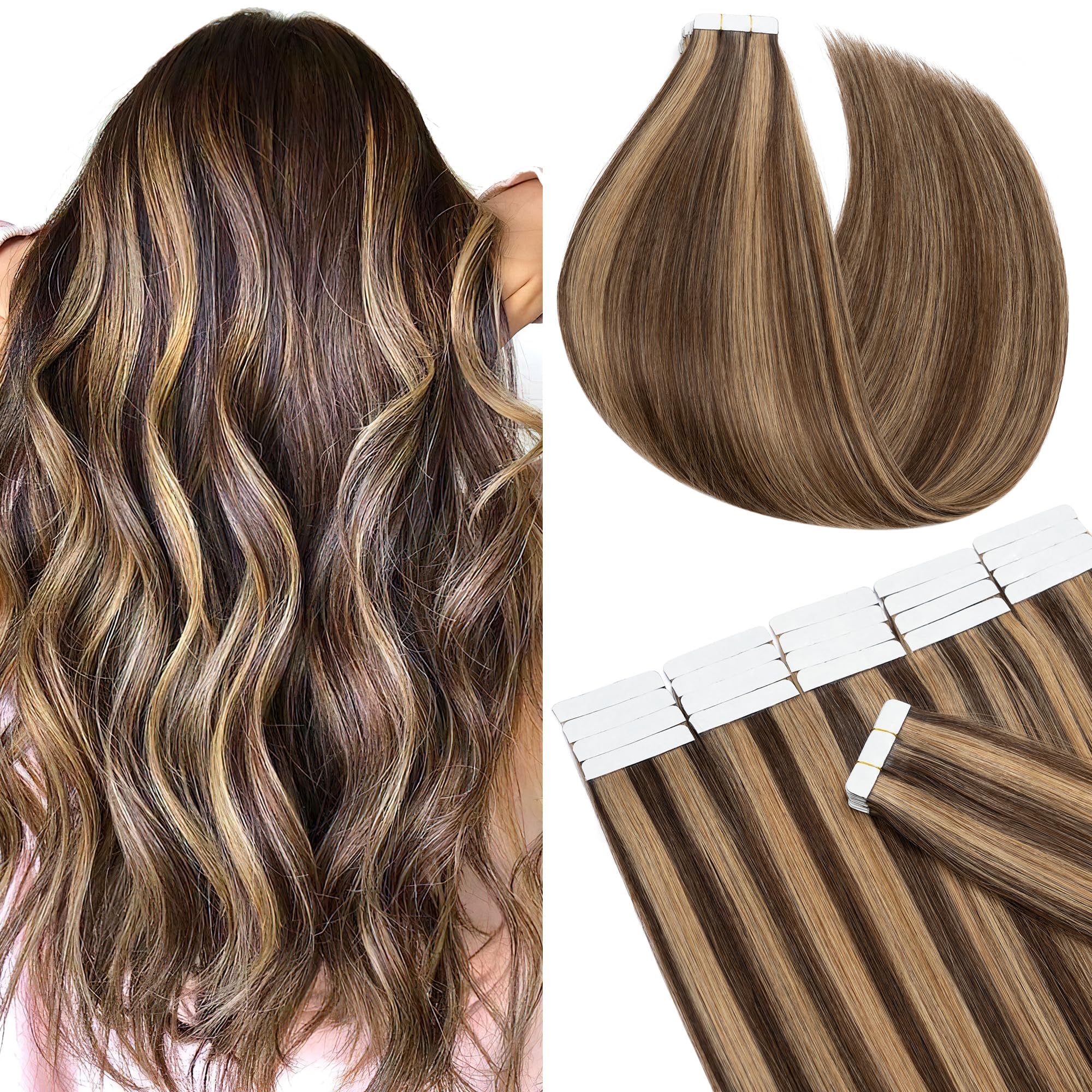 Sego 18 Inch Tape In Hair Extensions Human Hair 100G 40Pcs Straight Balayage 100% Remy Rooted Seamless Skin Weft Invisible Doubl