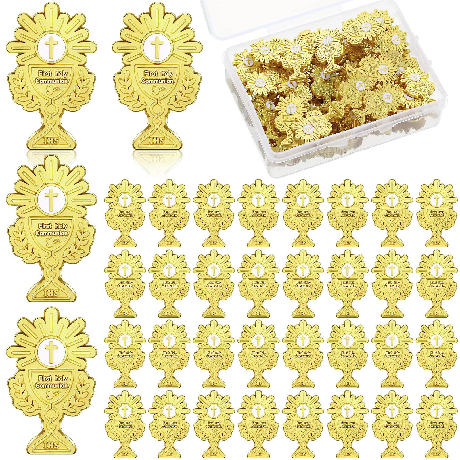 Hoteam 50 Pcs First Communion Enamel Lapel Pins Bulk Chalice with Grapes and Wheat Gold Plated Religious Pins Gifts for First Ho