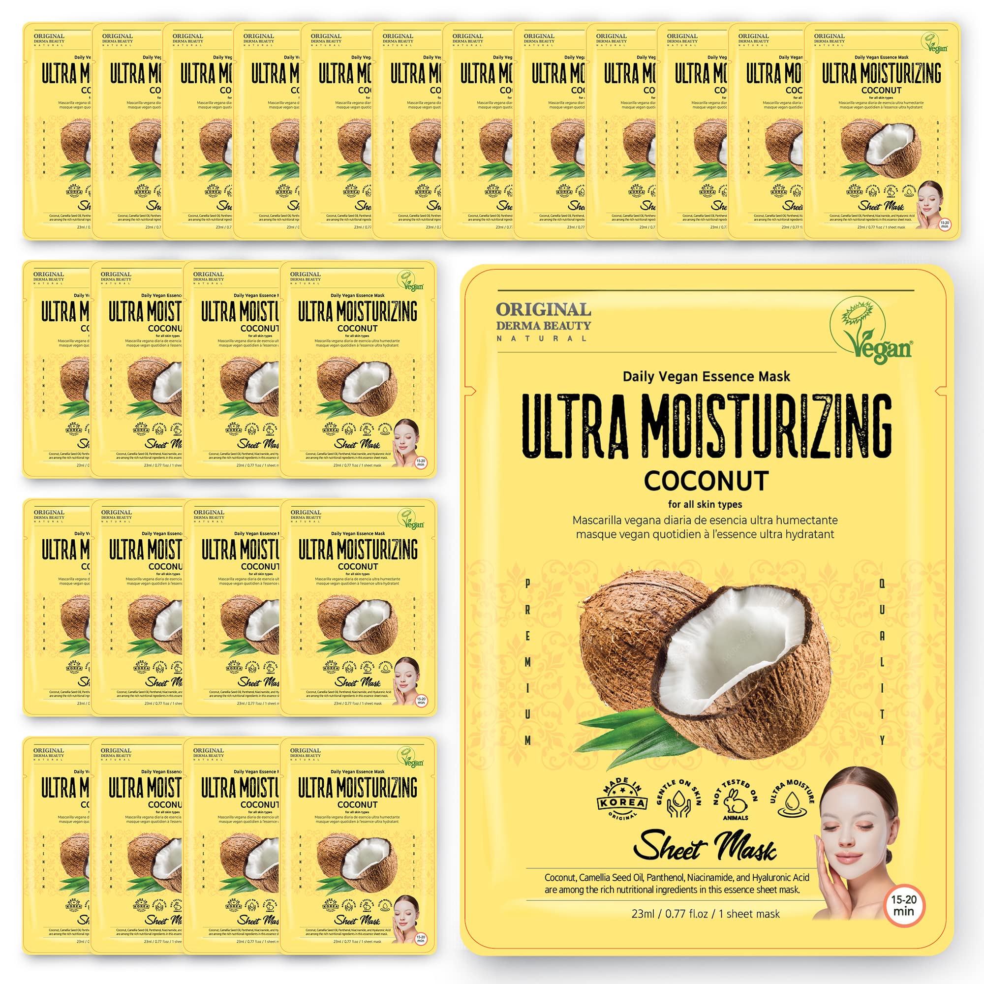 Innerest Original Derma Beauty Collagen Face Masks 24 Pk Vegan Ultra Moisturizing Coconut Face Mask Skin Care Sheet Masks Set Fo