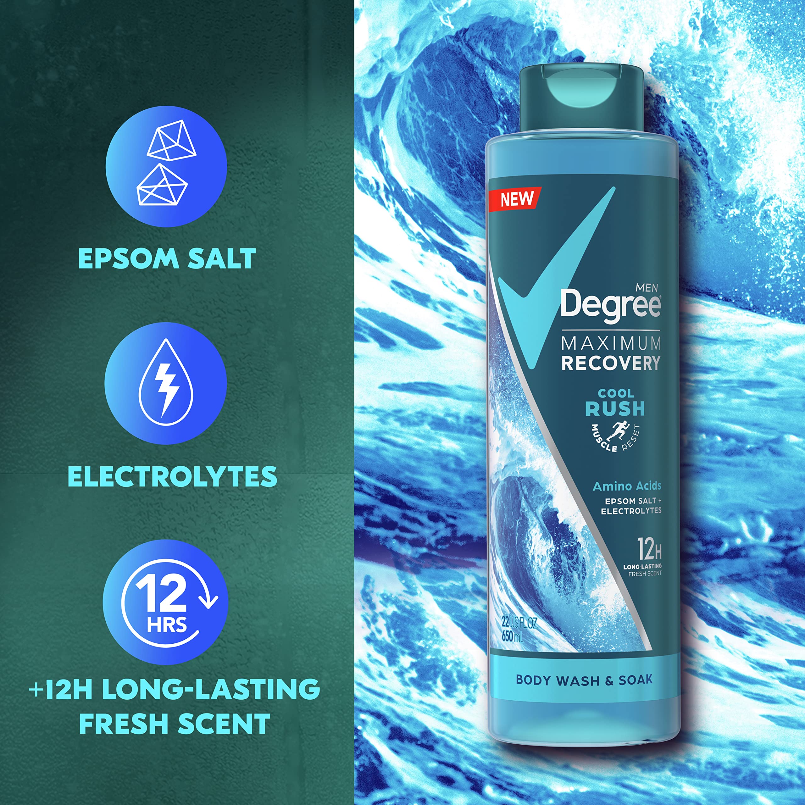 Degree Men Maximum Recovery Body Wash & Soak For Post-Workout Recovery Skincare Routine Cool Rush + Epsom Salt + Electrolytes Ba