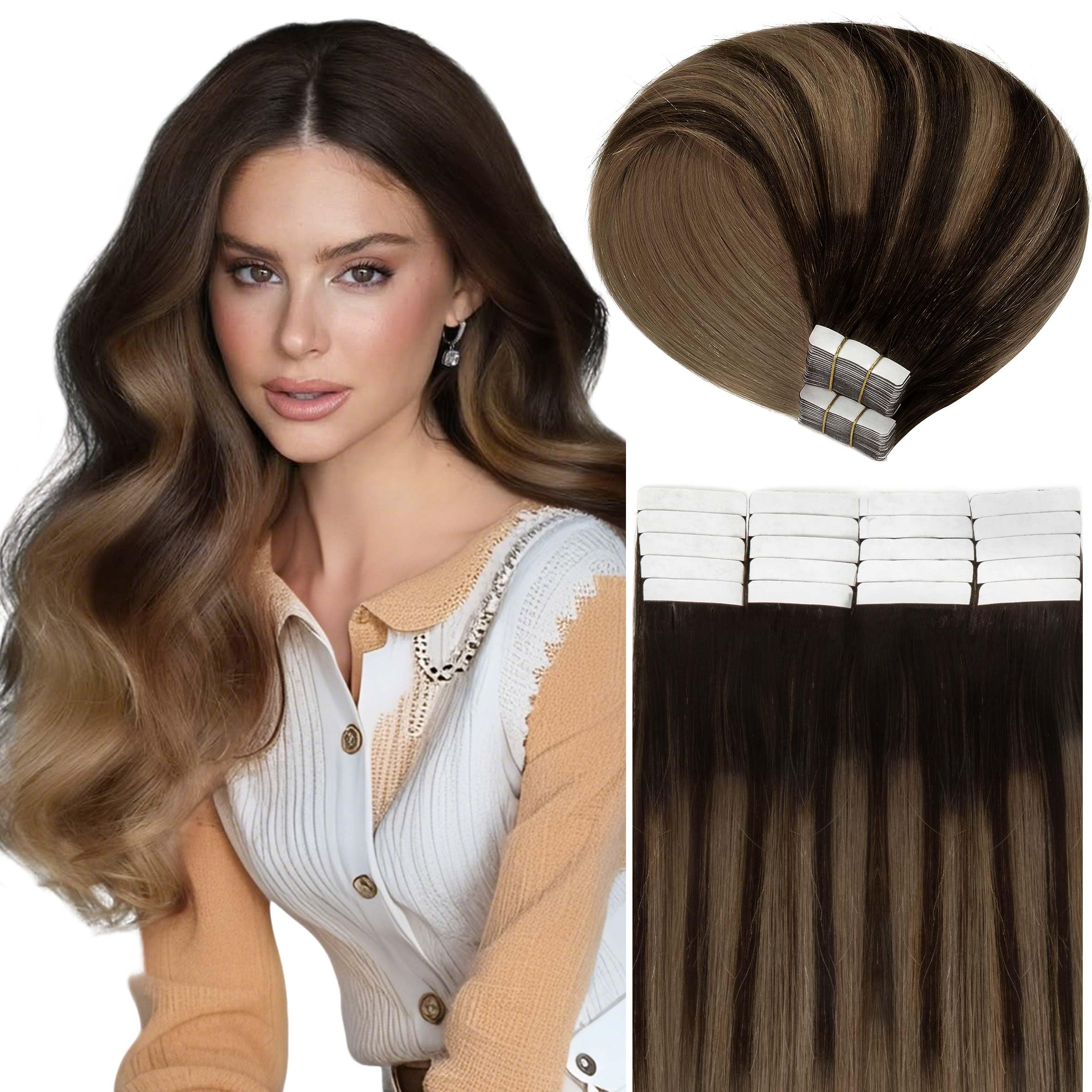 Caliee Human Hair Tape in Extensions Dark Brown to Chestnut Brown Balayage Invisible Tape in Hair Extensions Human Hair Soft Str
