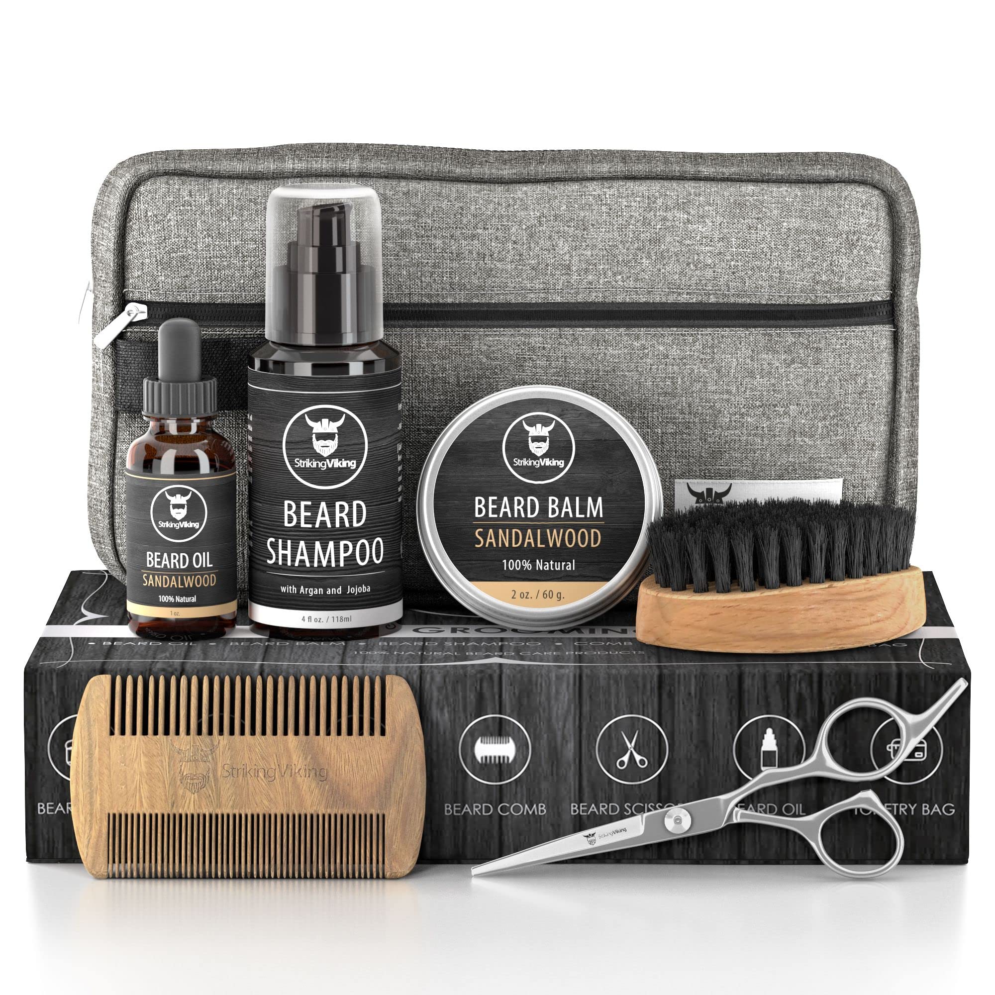 Striking Viking Grooming Kit - Premium Care Products For Men With Beard Shampoo, Oil, Balm Butter, Brush, Wooden Comb, Mustache