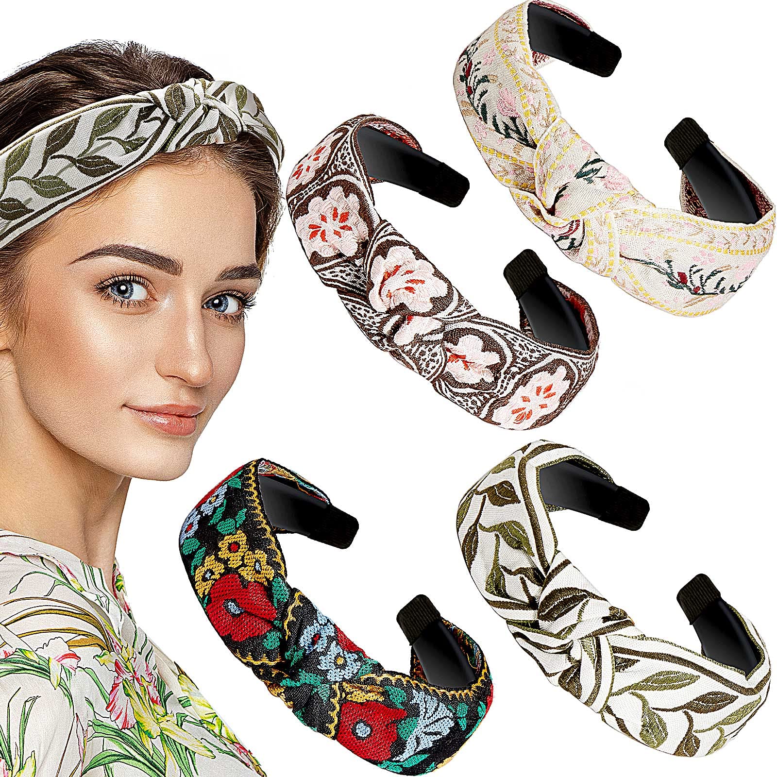 Chuangdi 4 Pieces Boho Headband Floral Wide Headband Handmade Knot Embroidery Bohemia Turban Vintage Ethnic Style Hair Band for 