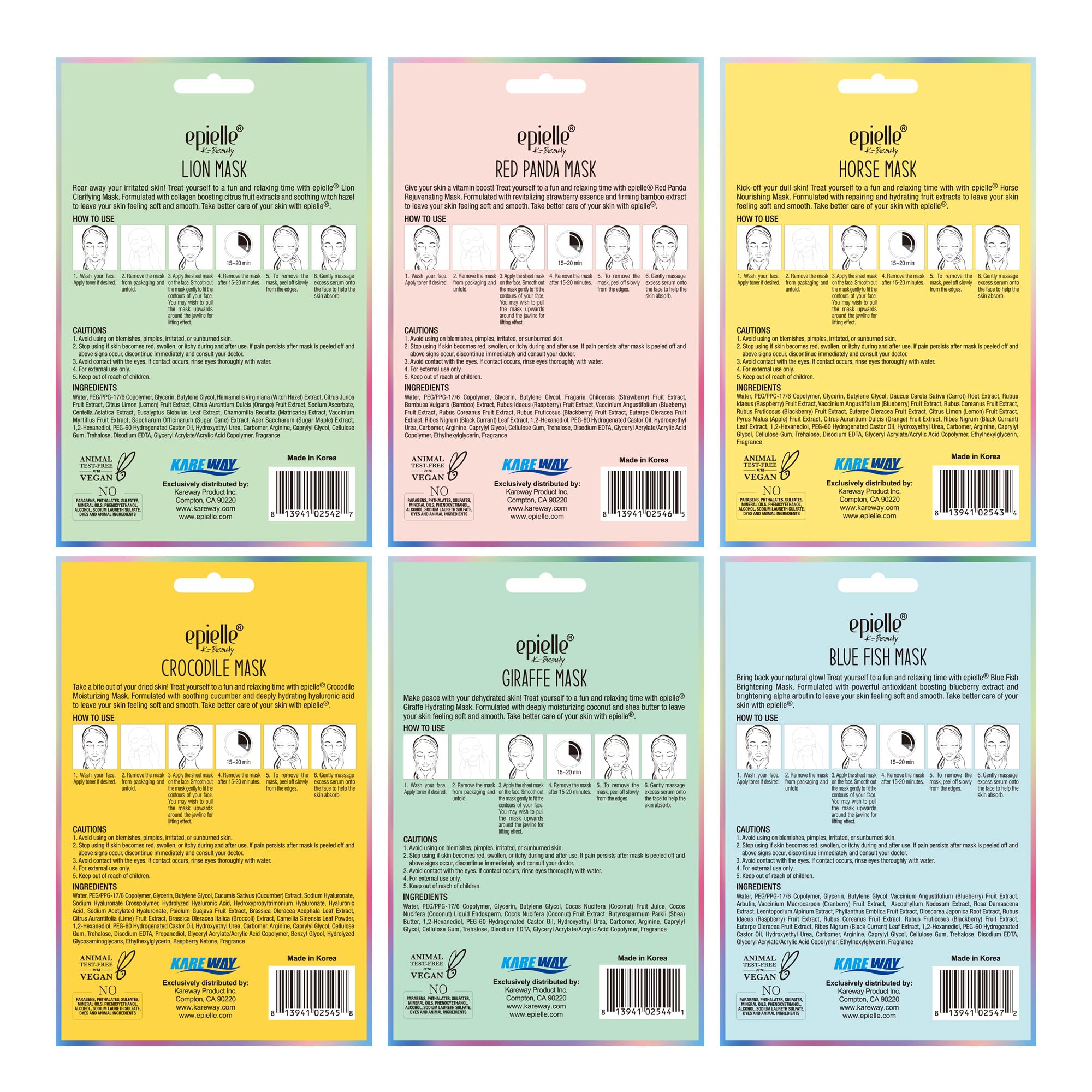 Epielle Character Sheet Masks 12 Pack, Animal Spa Mask, Korean Beauty Mask For All Skin Types, Kids Face Mask, Birthday Party Gi