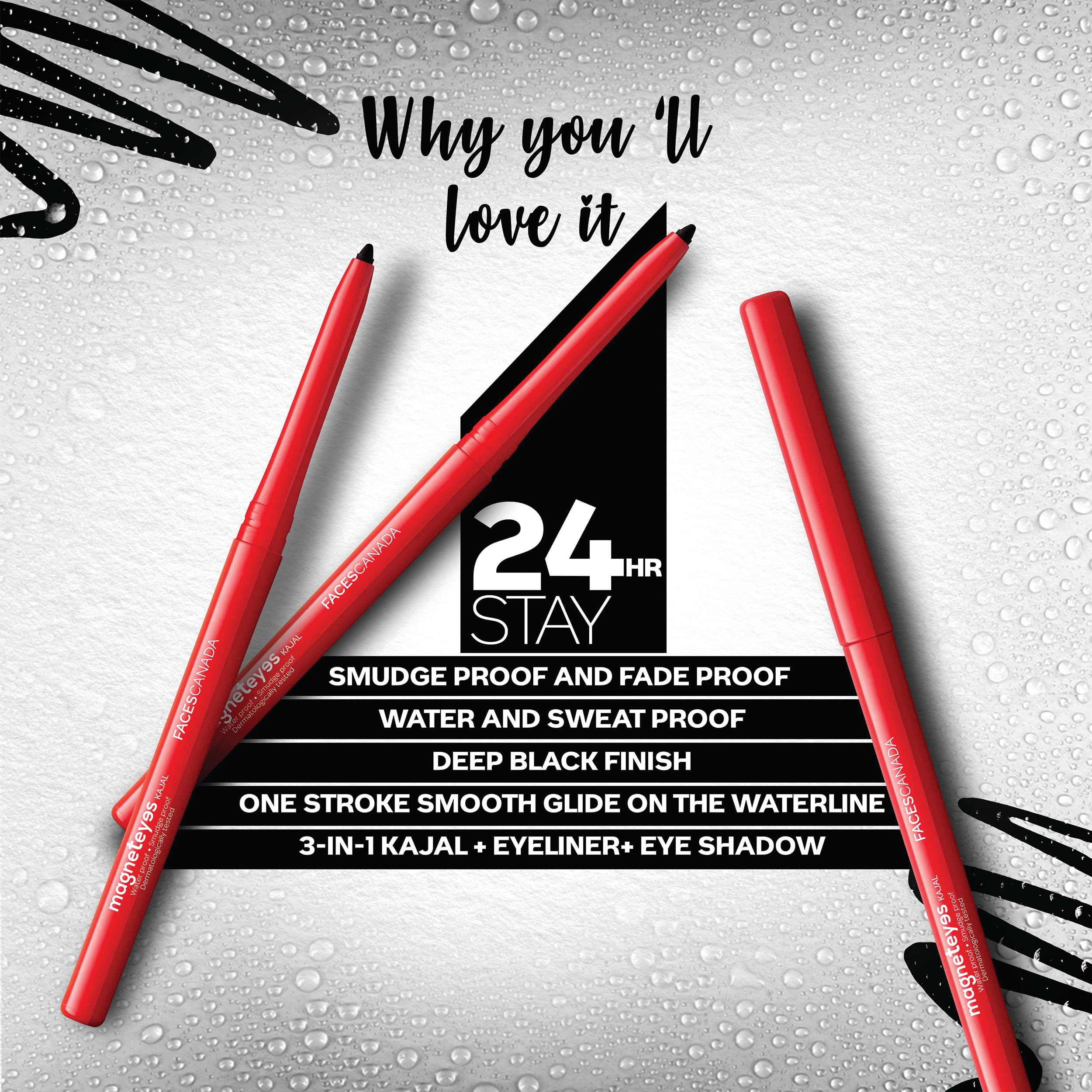 Facescanada Magneteyes Kajal - Black, 0.35G | 24 Hr Long Stay | One Stroke Smooth Glide | Waterproof, Smudgeproof & Fadeproof |