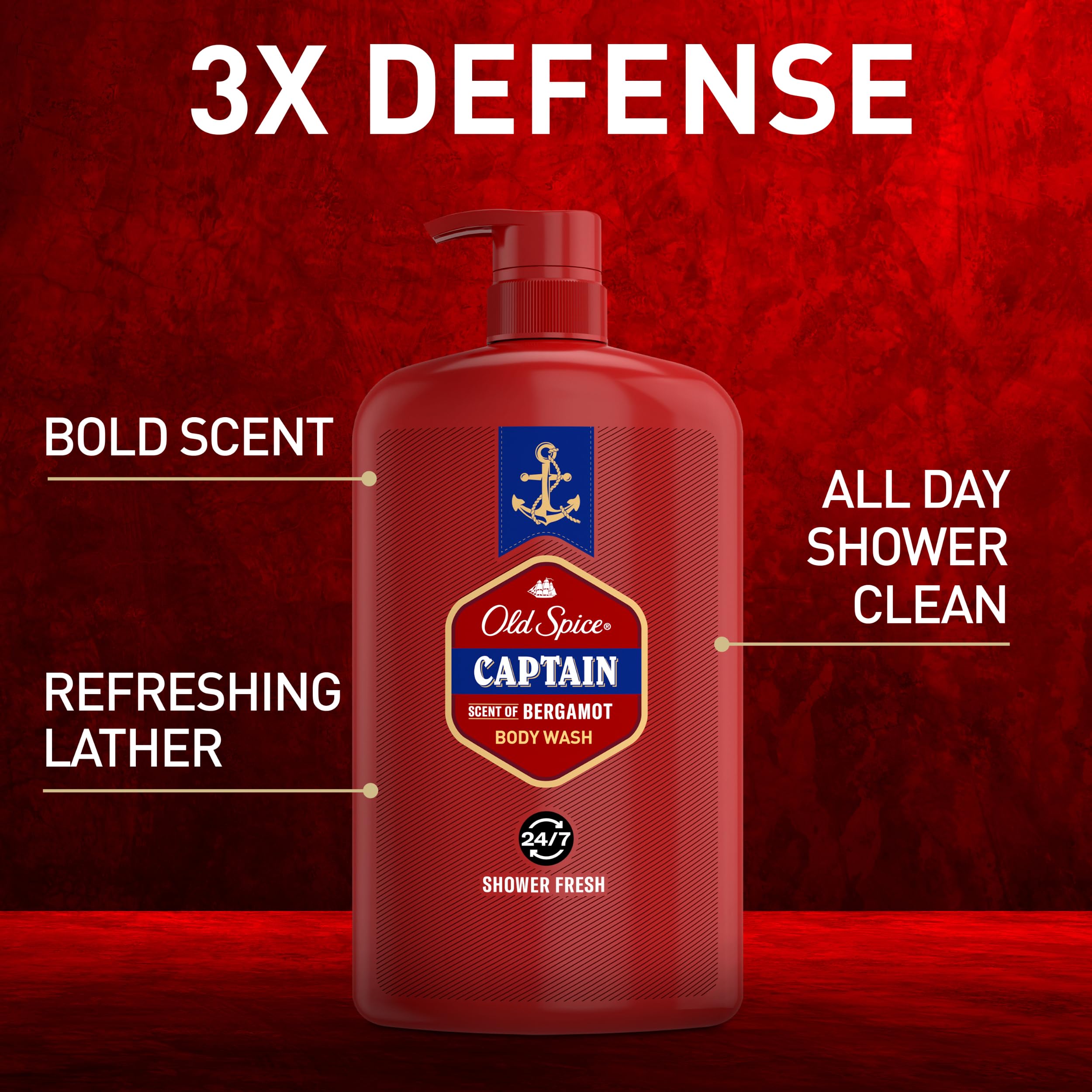Old Spice Men'S Body Wash, 24/7 Shower Fresh With Lasting Scent, 3X Defense, Red Collection, Captain With Bergamot Scent, 33.4 F