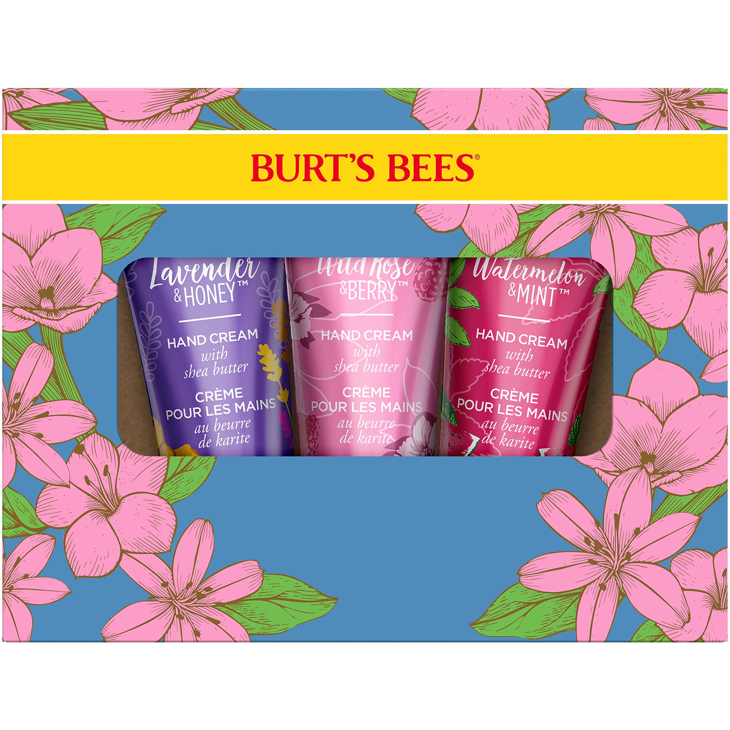 Burts Bees Spring Gift, 3 Moisturizing Self Care Gifts, Shea Butter Hand Cream Trio Spring Set - Lavender & Honey, Wild Rose & B