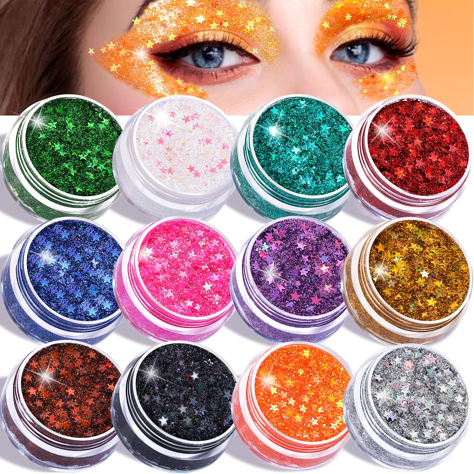 Teenitor Body Glitter Face Glitter for Kids Makeup Glitter Gel Hair Glitter, 12 Colors Body and Face Glitter Gel for Halloween M
