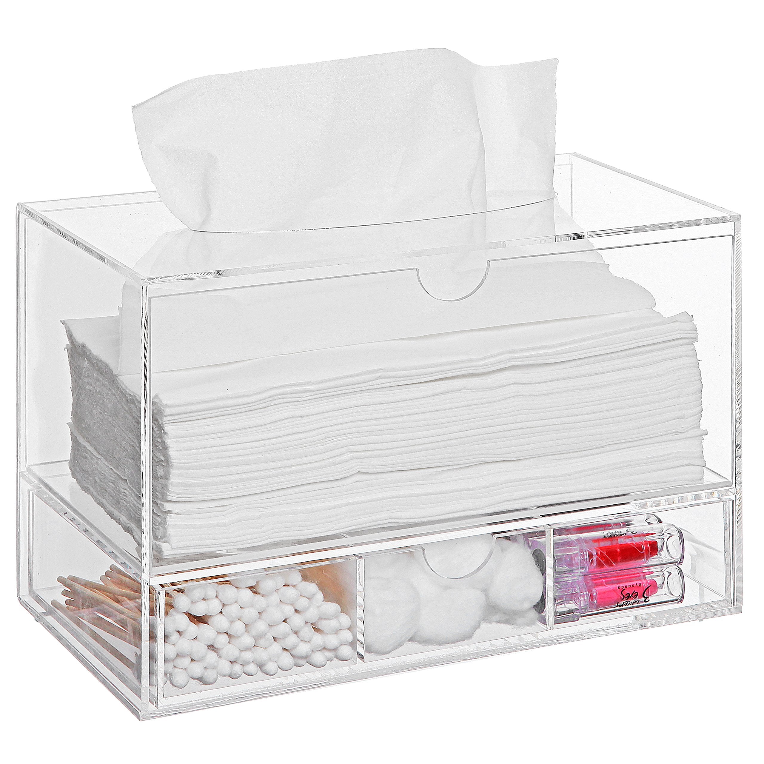 Modern Clear Acrylic Facial Tissue Dispenser Holder With Pull-Our Drawer For Makeup Cosmetics And Accessories, Vanity Countertop