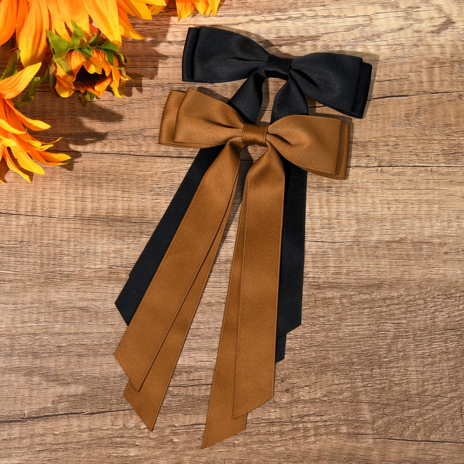 2PCS Silky Satin Hair Bows Hair Clip Black Brown Hair Ribbon Ponytail Holder Accessories Slides Metal Clips Hair Bow for Women G