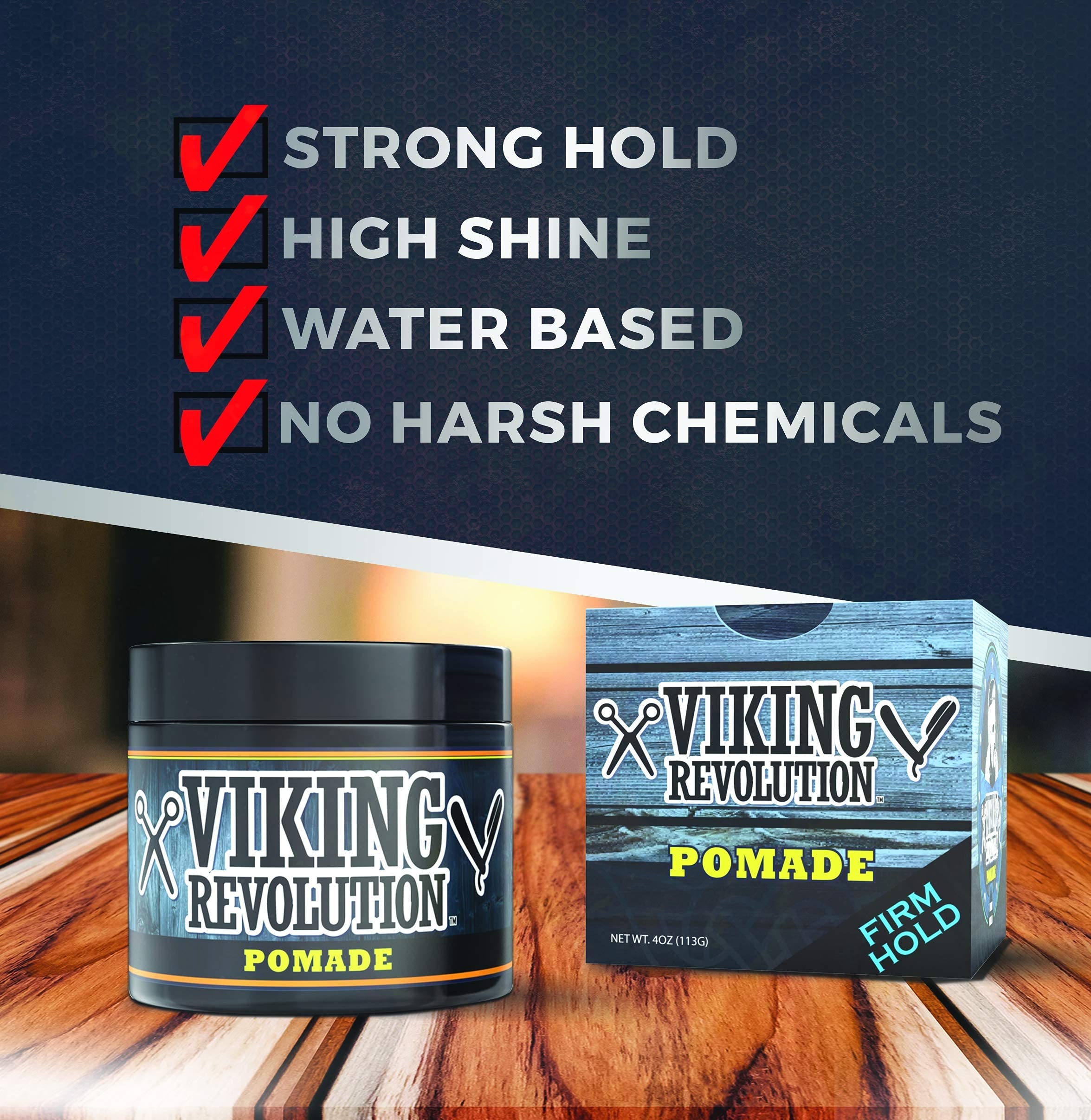 Viking Revolution Pomade For Men 4Oz - Firm Strong Hold & High Shine For Classic Styling - Water Based & Easy To Wash Out (Firm,