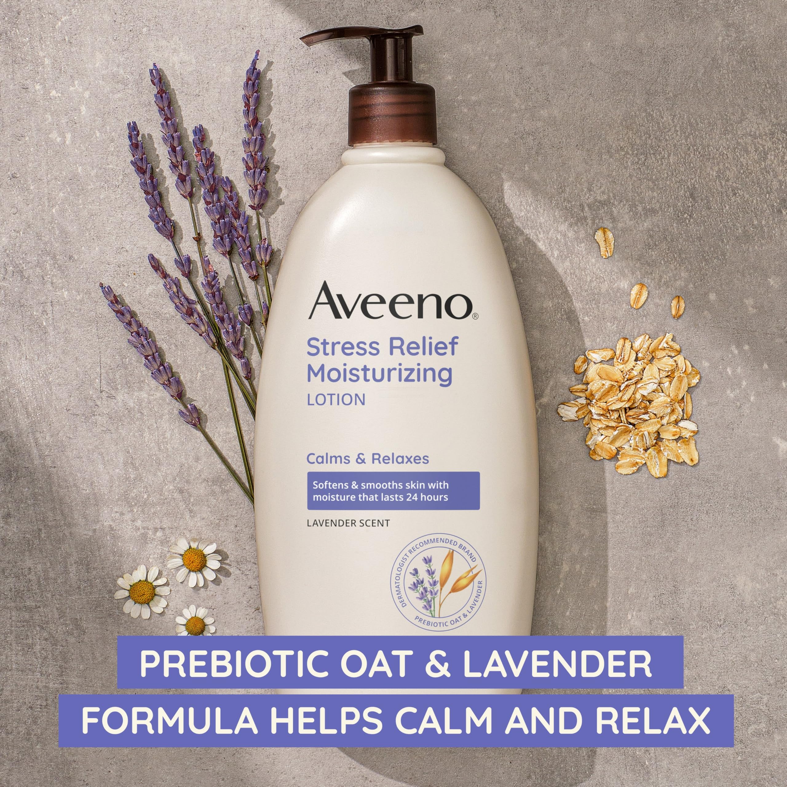 Aveeno Stress Relief Moisturizing Body Lotion With Lavender Scent & Prebiotic Oat To Calm & Relax, Non-Greasy, Tsa-Approved Trav