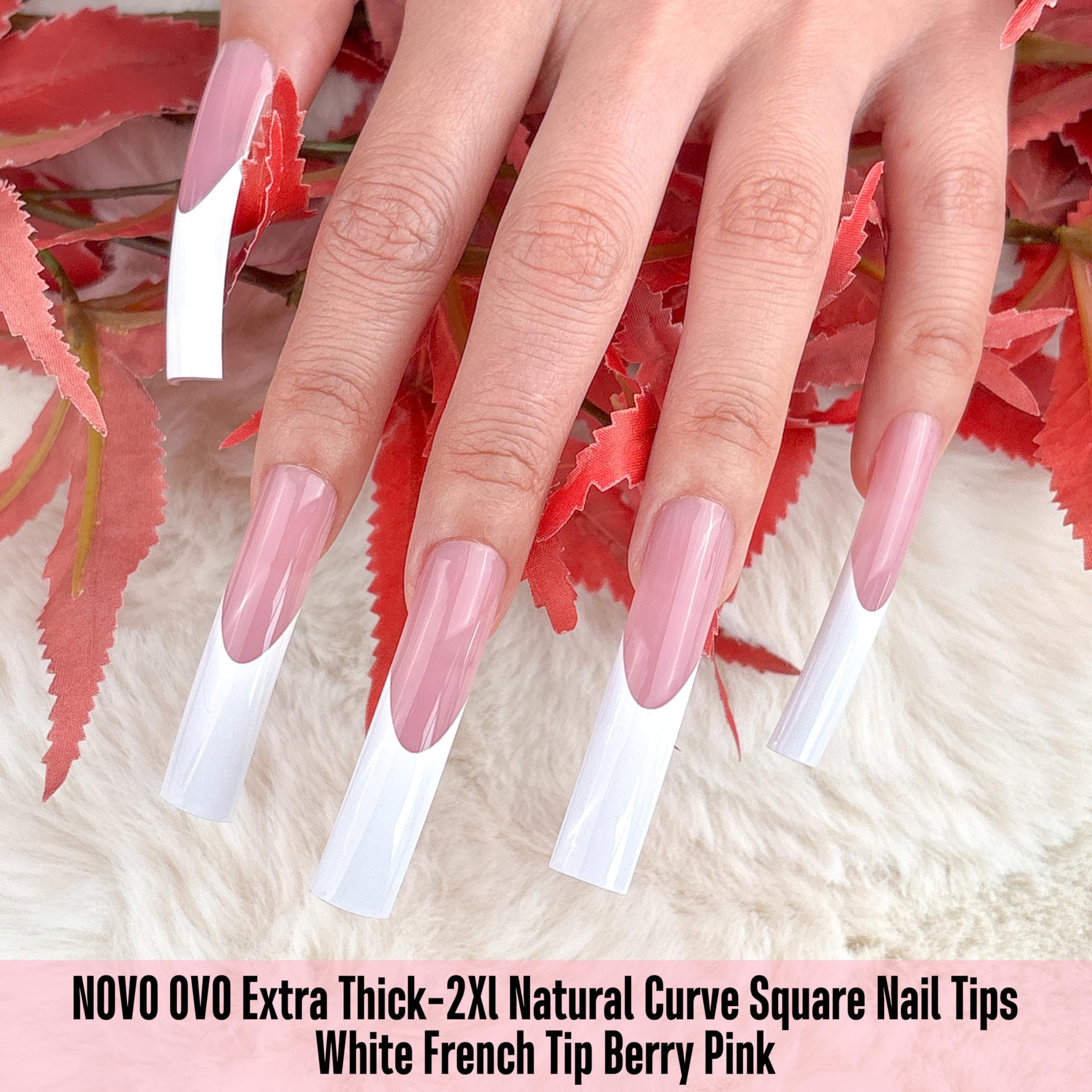 NOVO OVO Halloween XXL Sharp Square Slight Curved Nail Tips French Tip BERRY PINK, Full Cover Press on Acrylic, Extra Thick Soft
