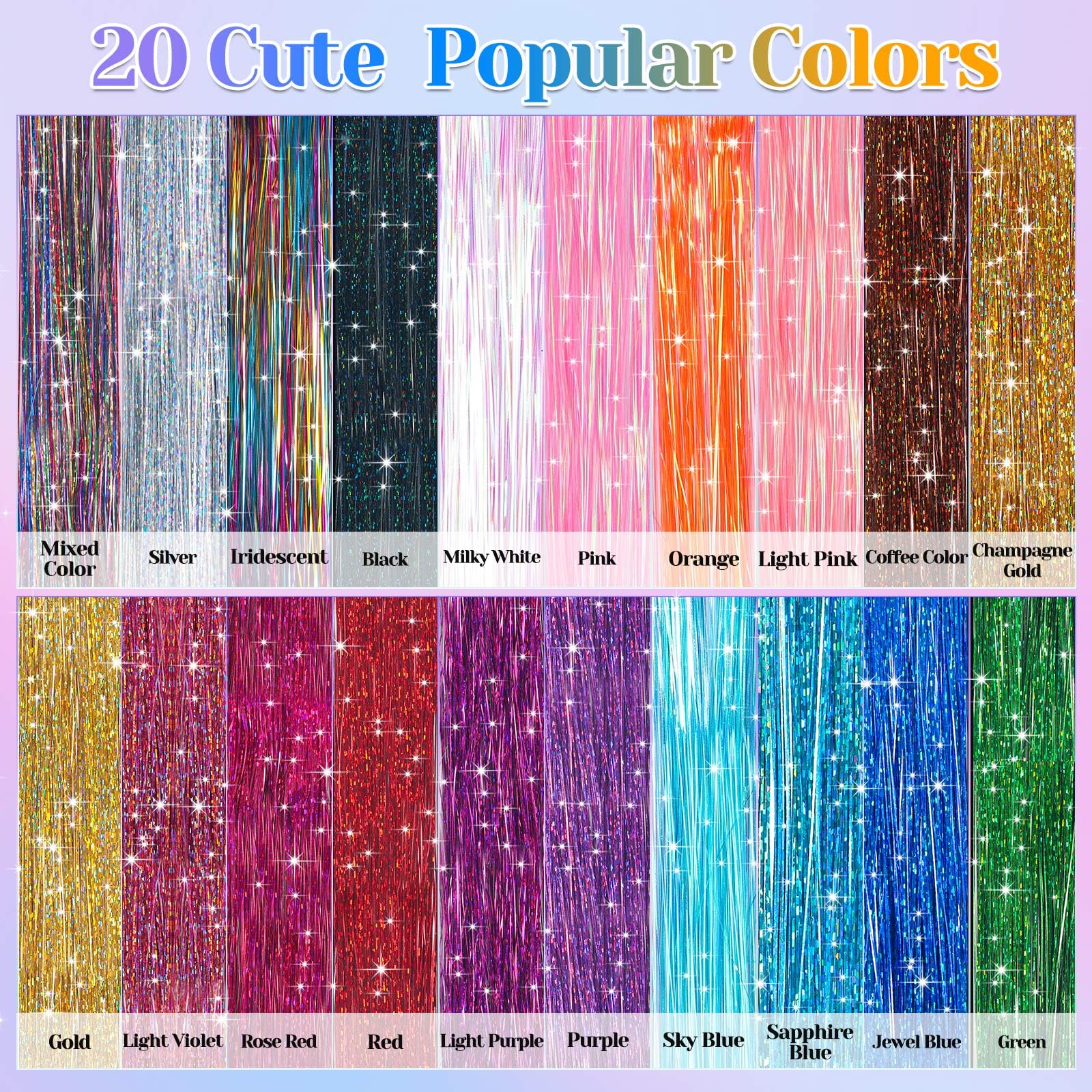 LifeisLuck 20 Colors Fairy Hair Tinsel Kit - 4000 Heat Resistant Glitter Strands for Hair Extensions, Perfect for Christmas, Halloween, Cosplay Parties