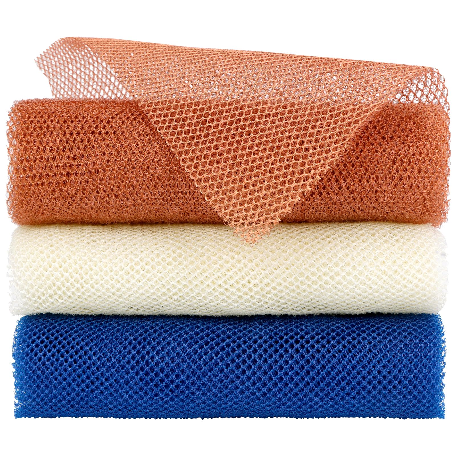 FARMOGA African Exfoliating Sponge - Long Net Bath Sponge & Body Scrubber (3pcs Brown, Beige, Blue)
