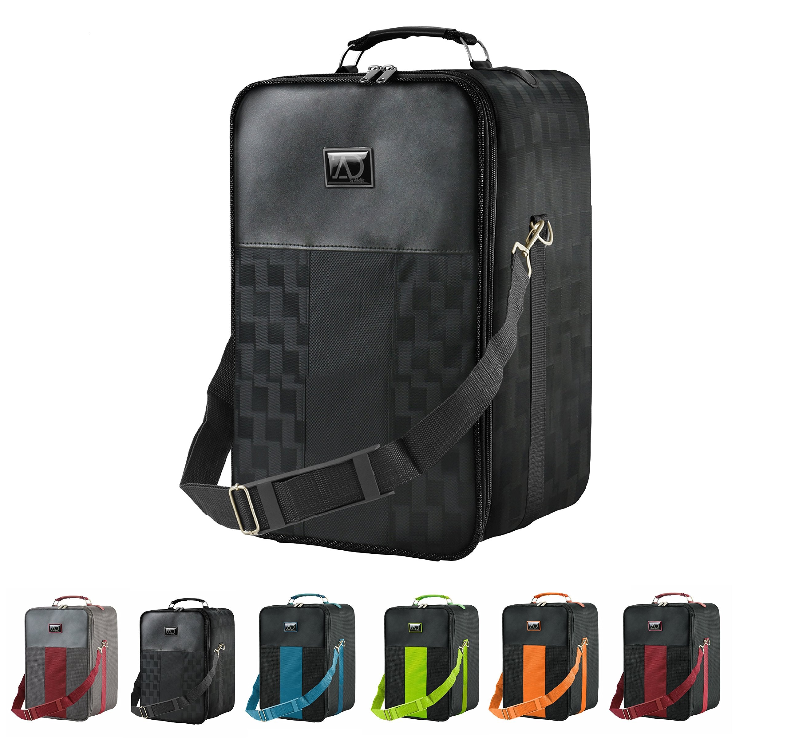 Small Wig Travel Box with Top Handle, Shoulder Strap & Double Zipper, Carrying Case with Removable Head-Holding Base - Black Squ