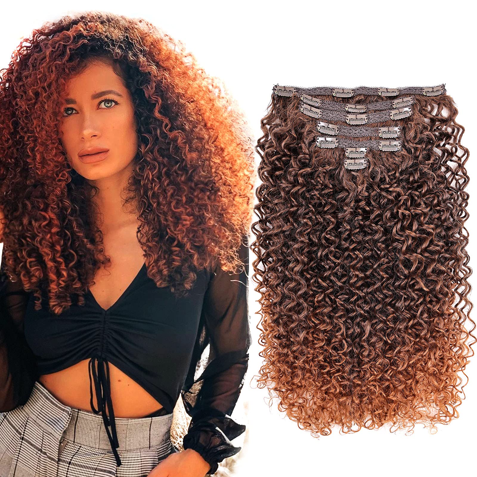 Curly Clip in Hair-Extensions Clips in-Human Hair Feelings Brown Blonde Jerry Curly Hair Extensions for Black Women Jerry Hair E