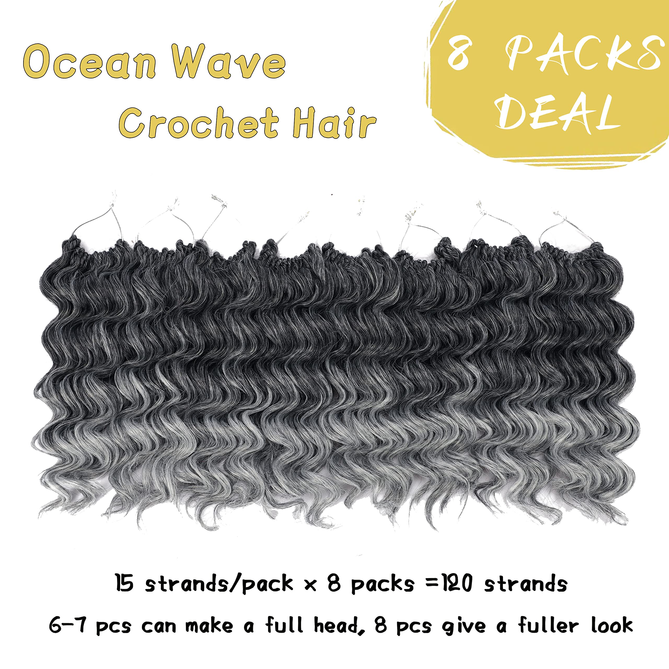Ocean Wave Crochet Hair 8 Inch, 8 Packs Deep Wave Crochet Hair For Women, Short Curly Crochet Braids Pre Looped Beach Curl Hair