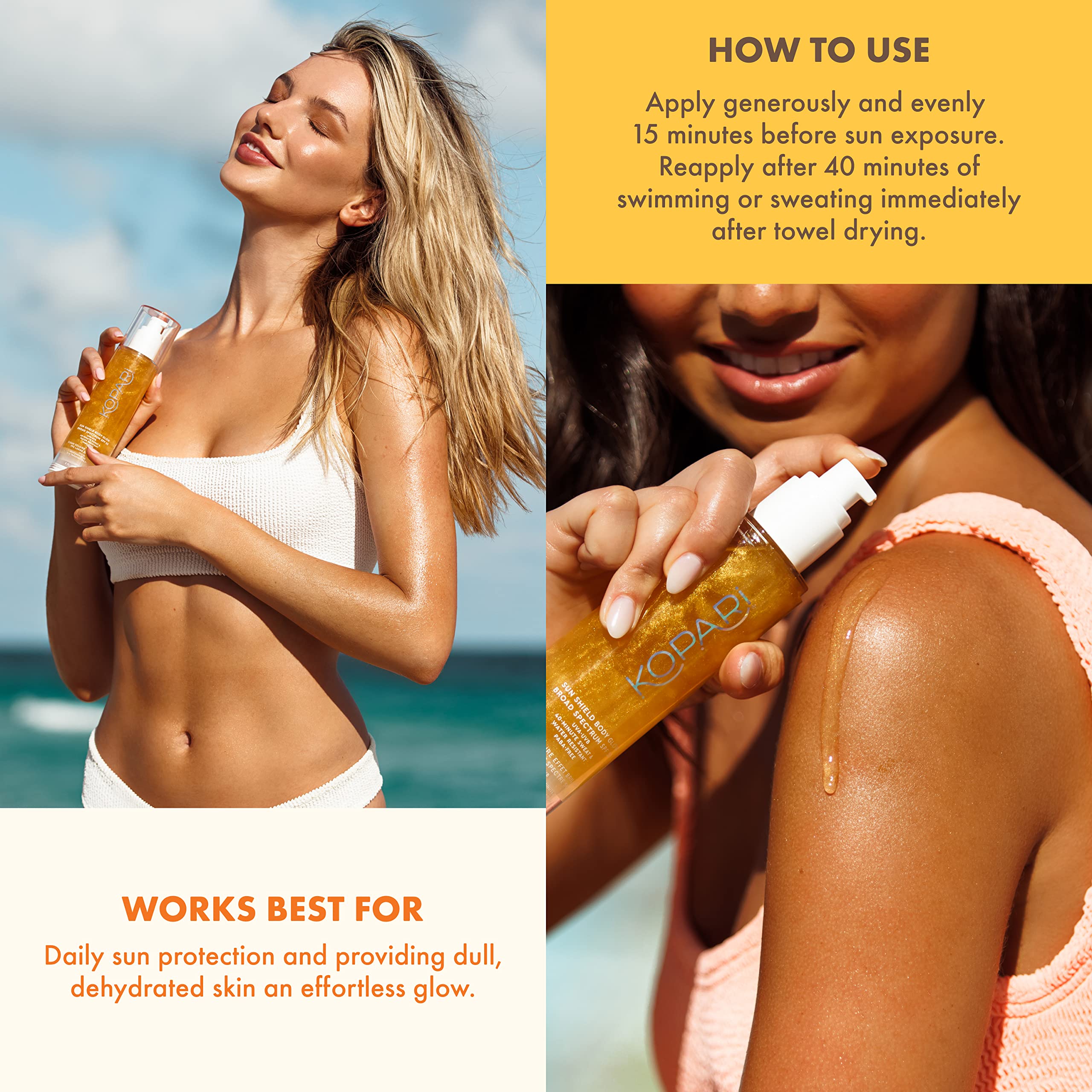 Kopari Sun Shield Body Glow | Spf 50 Uv Protection Sheer Sunscreen Gold Shimmer Mica | Sweat And Water Resistant | Antioxidant V