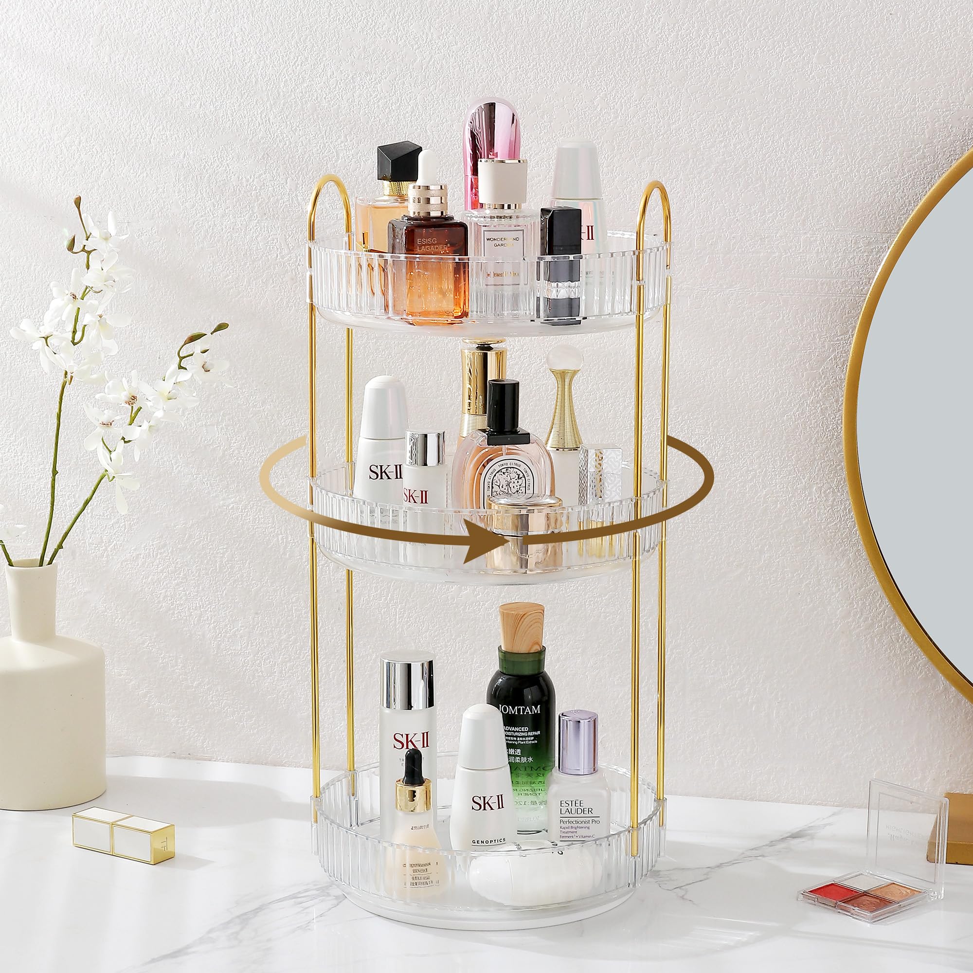 Rotating Makeup Organizer For Vanity, Large Skincare Make Up Storage Perfume Organizers For Bathroom Counter, Clear Cosmetic Dre