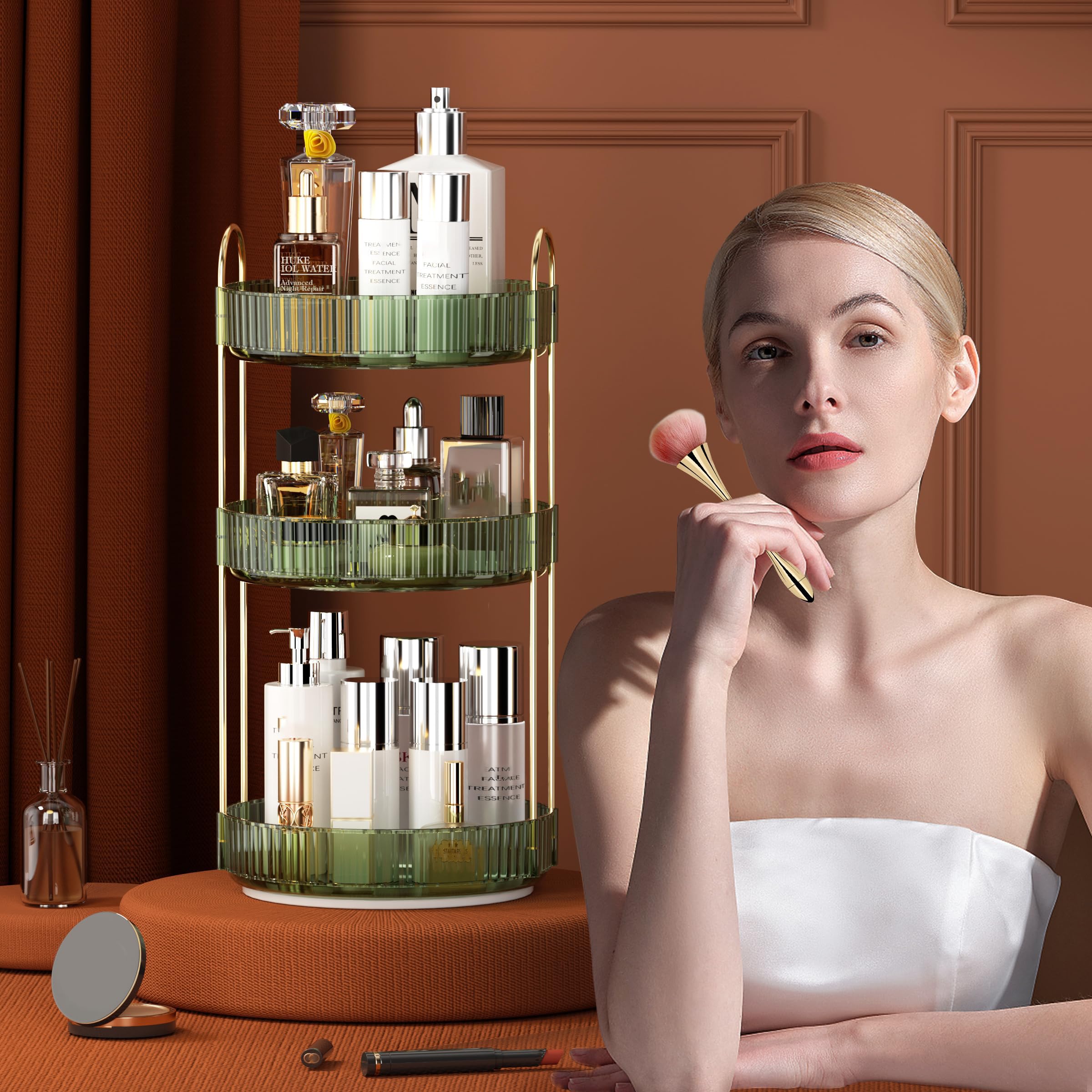 Ycia&Done 360 Rotating Makeup Organizer And Storage For Vanity Countertop 3 Tiers, High Capacity Cosmetic Skincare Perfume Organ