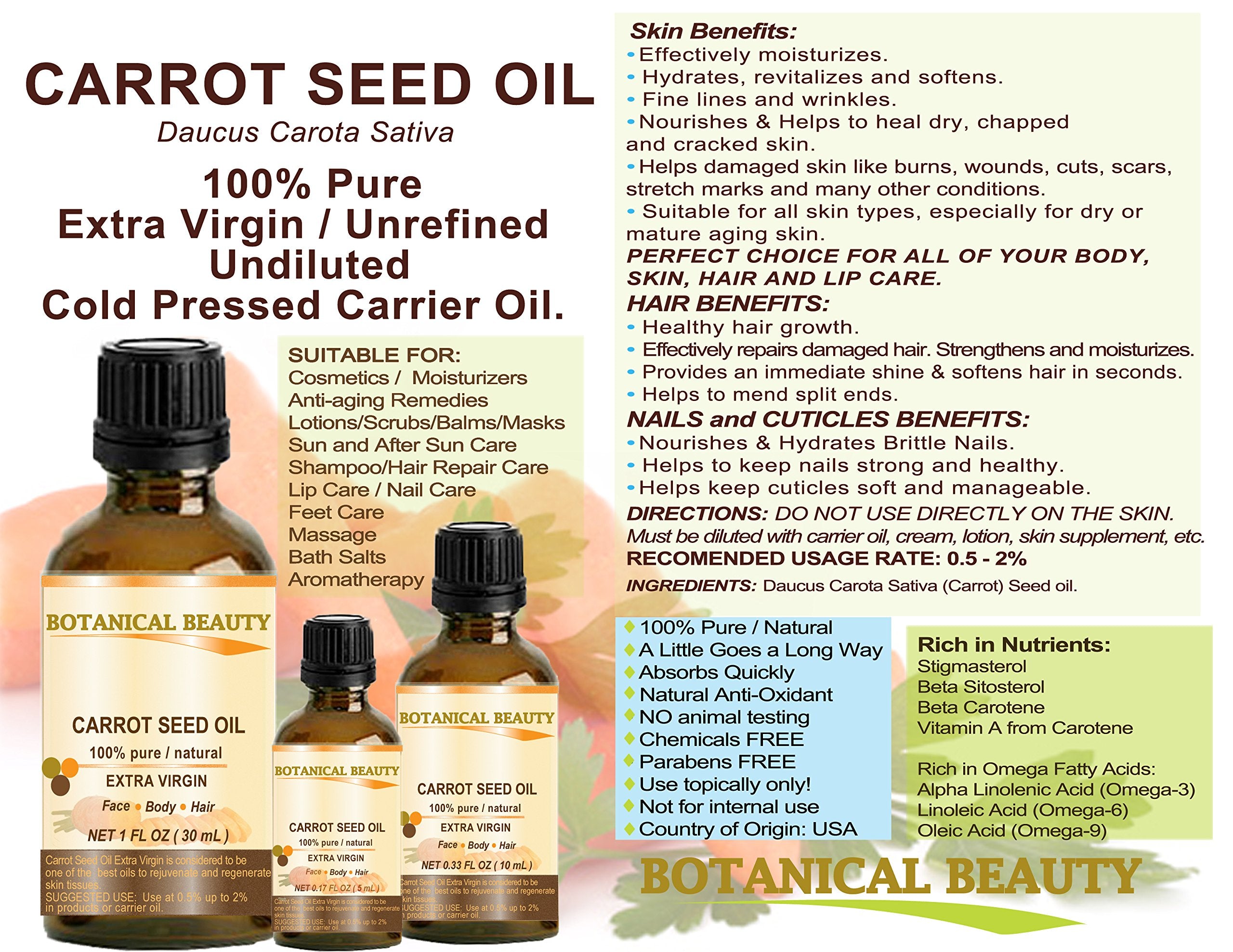 Botanical Beauty Carrot Seed Oil 100% Pure/Natural/Extra Virgin/Unrefined/Cold Pressed/Undiluted Carrier Oil. 0.33 Fl.Oz.- 10 Ml