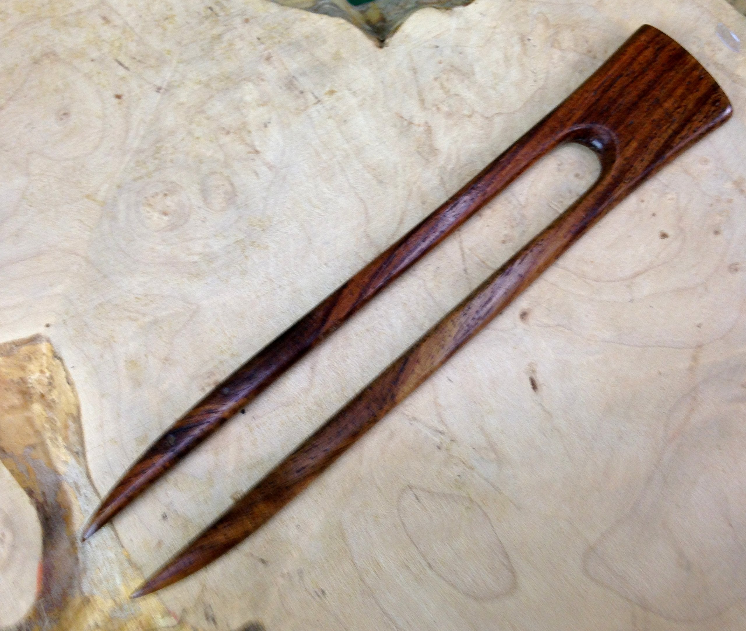 (1) Rosewood Wood Two Prong 6 Inch Straight Hair Stick Pick Pic Pin Fork