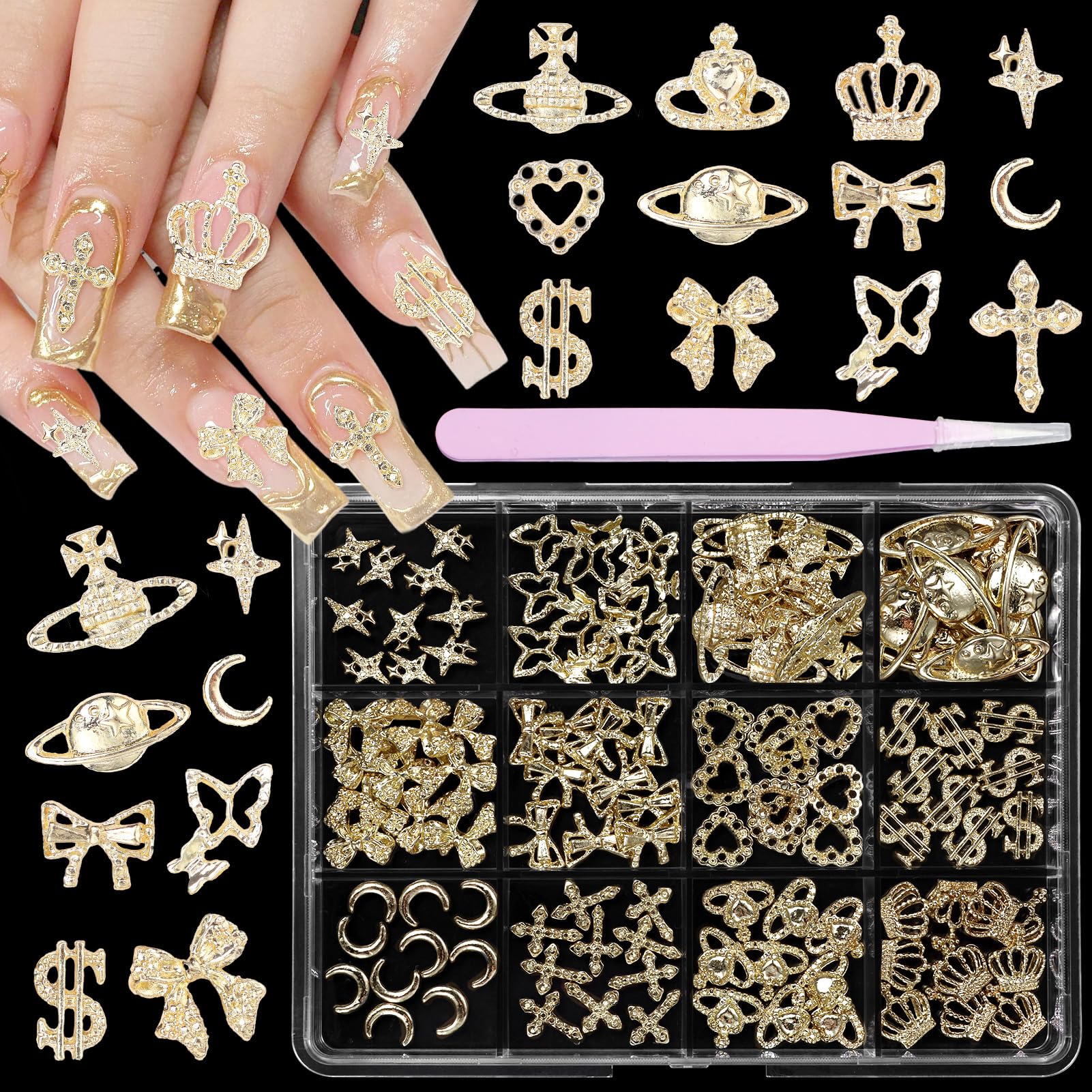 120 Pcs 12Styles 3D Gold Alloy Nail Charms Kit, Dollar Crown Butterfly Metal Nail Charms, Shiny Bows Planet Cross Heart Nail Cha