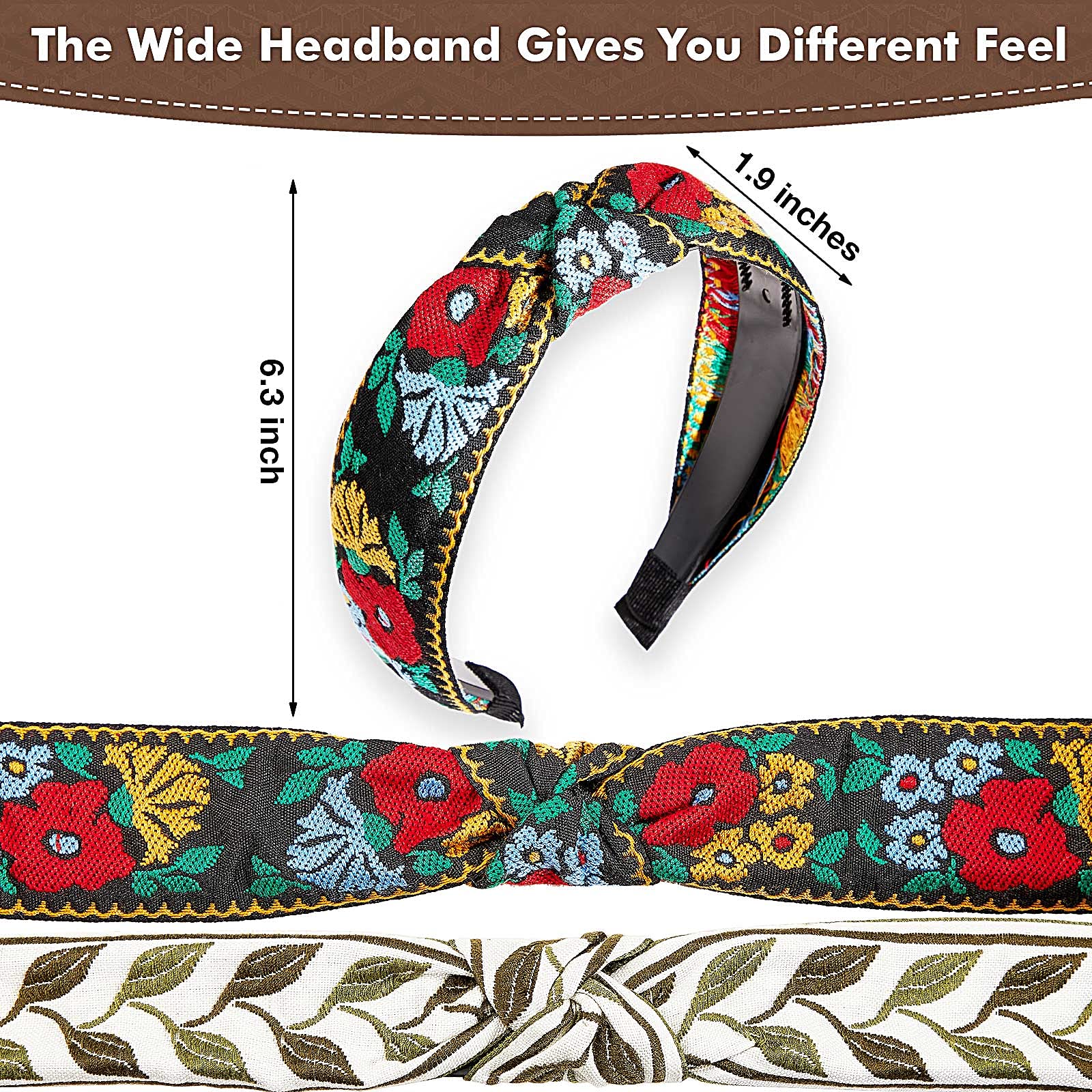 Chuangdi 4 Pieces Boho Headband Floral Wide Headband Handmade Knot Embroidery Bohemia Turban Vintage Ethnic Style Hair Band for