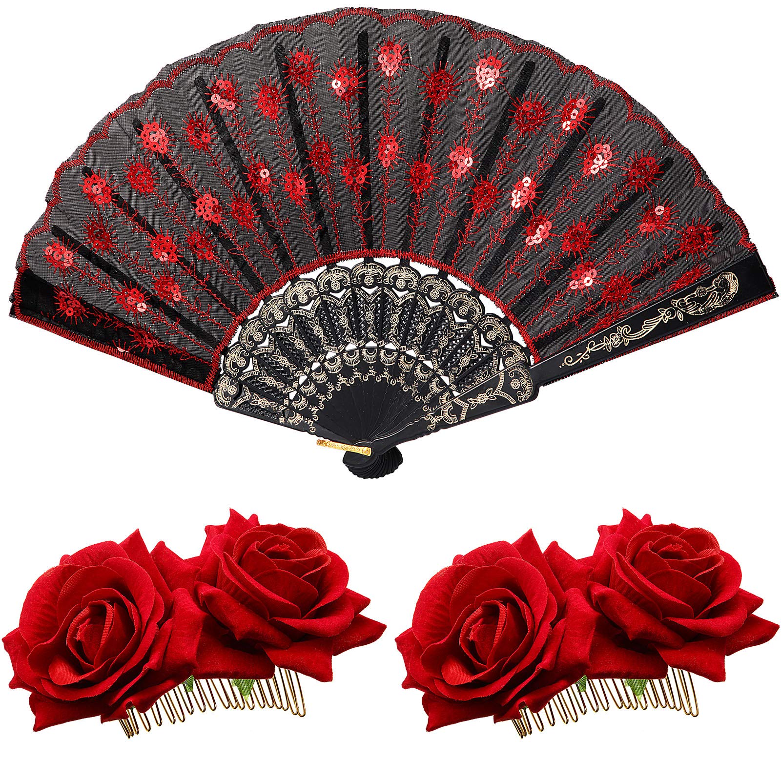 2 Pieces Women Rose Flower Hair Clip and Embroidered Sequins Fabric Handheld Folding Fan Mexican Hair Accessories for Flamenco D