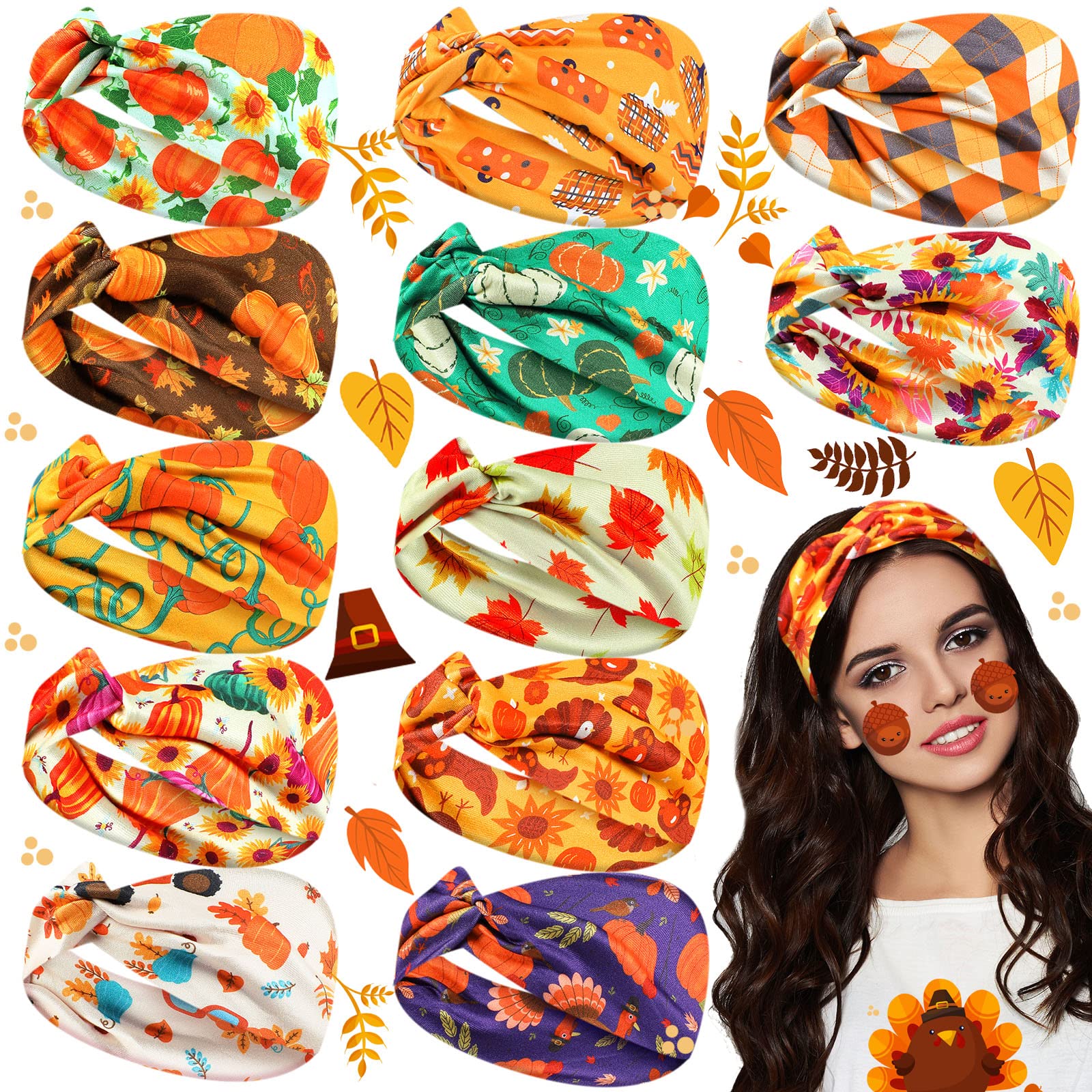 Waydress 12 Pcs Thanksgiving Headbands Fall Hair Accessories for Women Nurse Pumpkin Maple Leaf Stretchy Non Slip Autumn Hair Ba