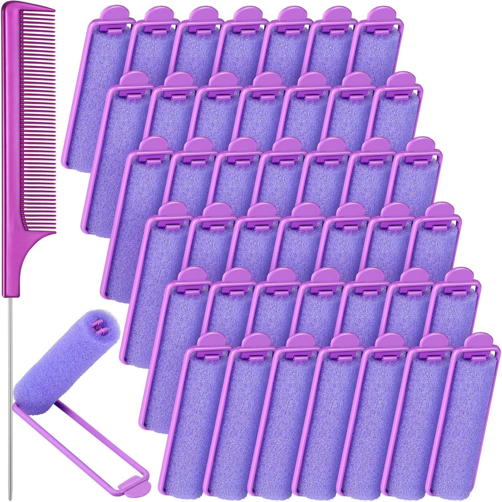 43-Piece Foam Sponge Hair Rollers Set with 42 Soft Flexible Curlers, Stainless Steel Rat Tail Comb, and Pintail Comb (Purple)