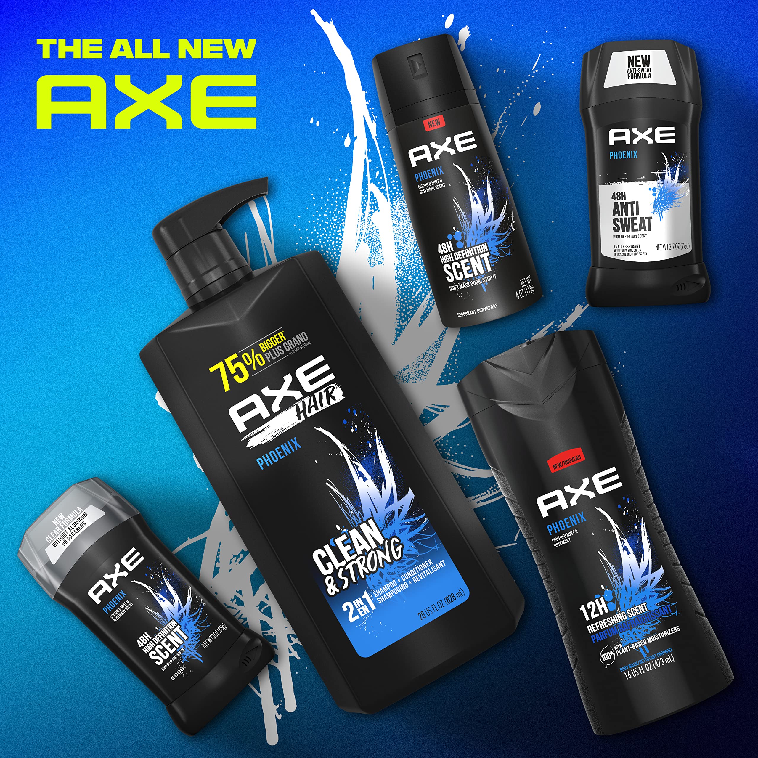 AXE Wash and Care for Clean and Strong Hair Phoenix 2-in-1 Shampoo and Conditioner Crushed Mint and Rosemary 100 percent Recycle