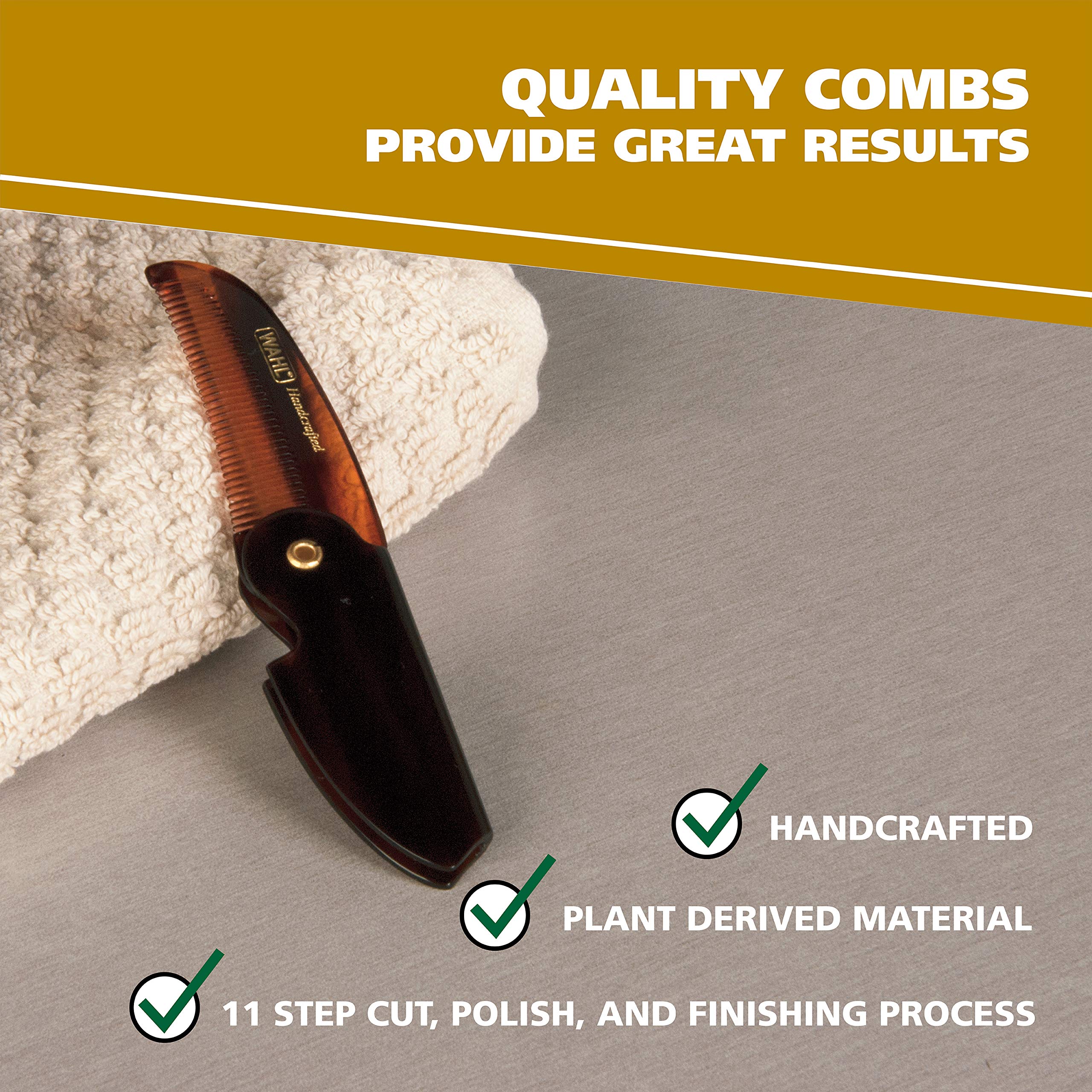Wahl Beard & Mustache Folding Comb - Handcrafted Cellulose Acetate, Smooth Tapered Teeth, Brown, Model 3326, 1 Count