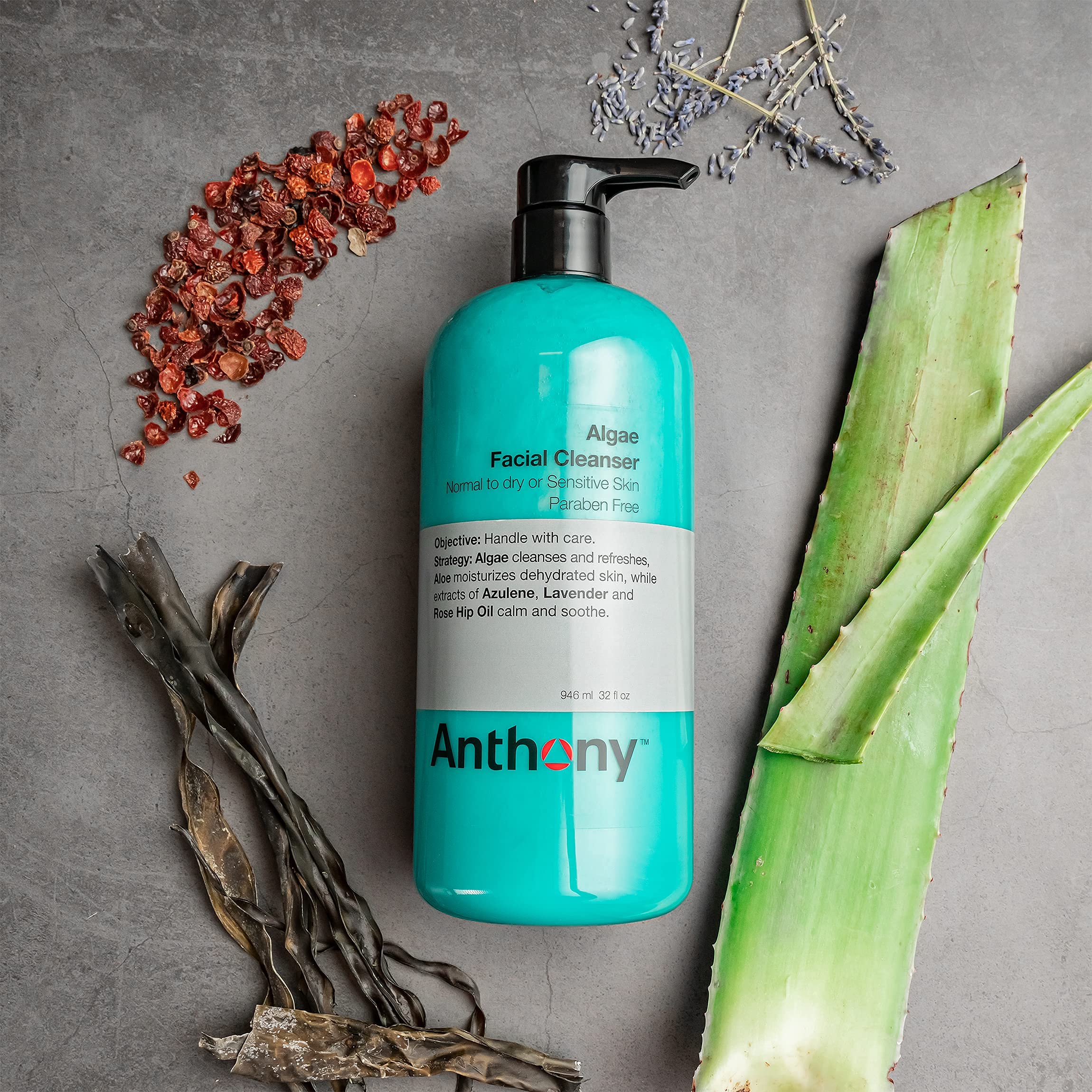 Anthony Algae Facial Cleanser, 32 Fl Oz - Algae, Aloe Vera, Azulene, Lavender & Rose Hip Oil for Cleansing, Refreshing, Moisturi