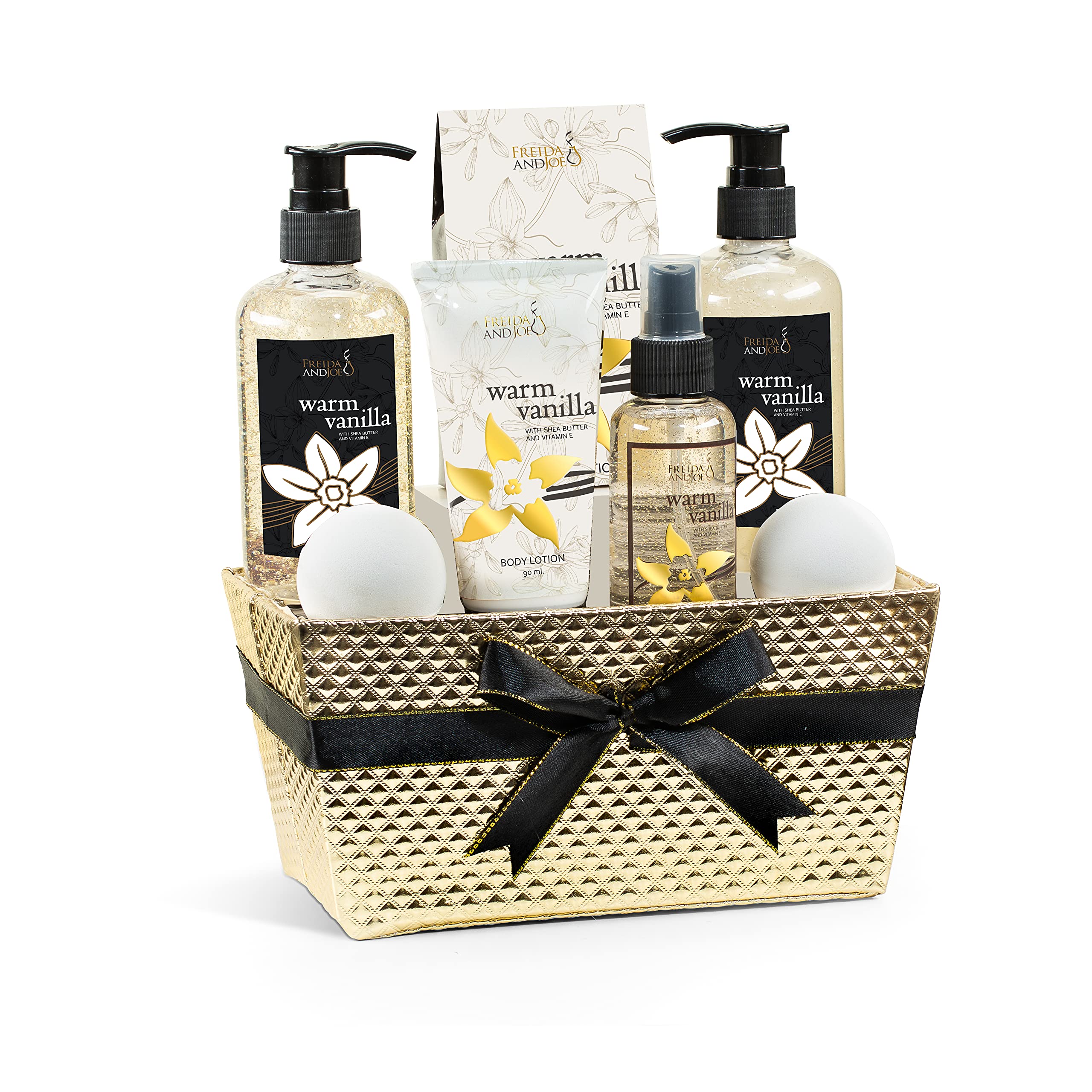 Bath And Body Gift Basket For Women And Men - 8 Piece Set Of Warm Vanilla Bath & Body Collection Gift Basket, Includes Shower Ge