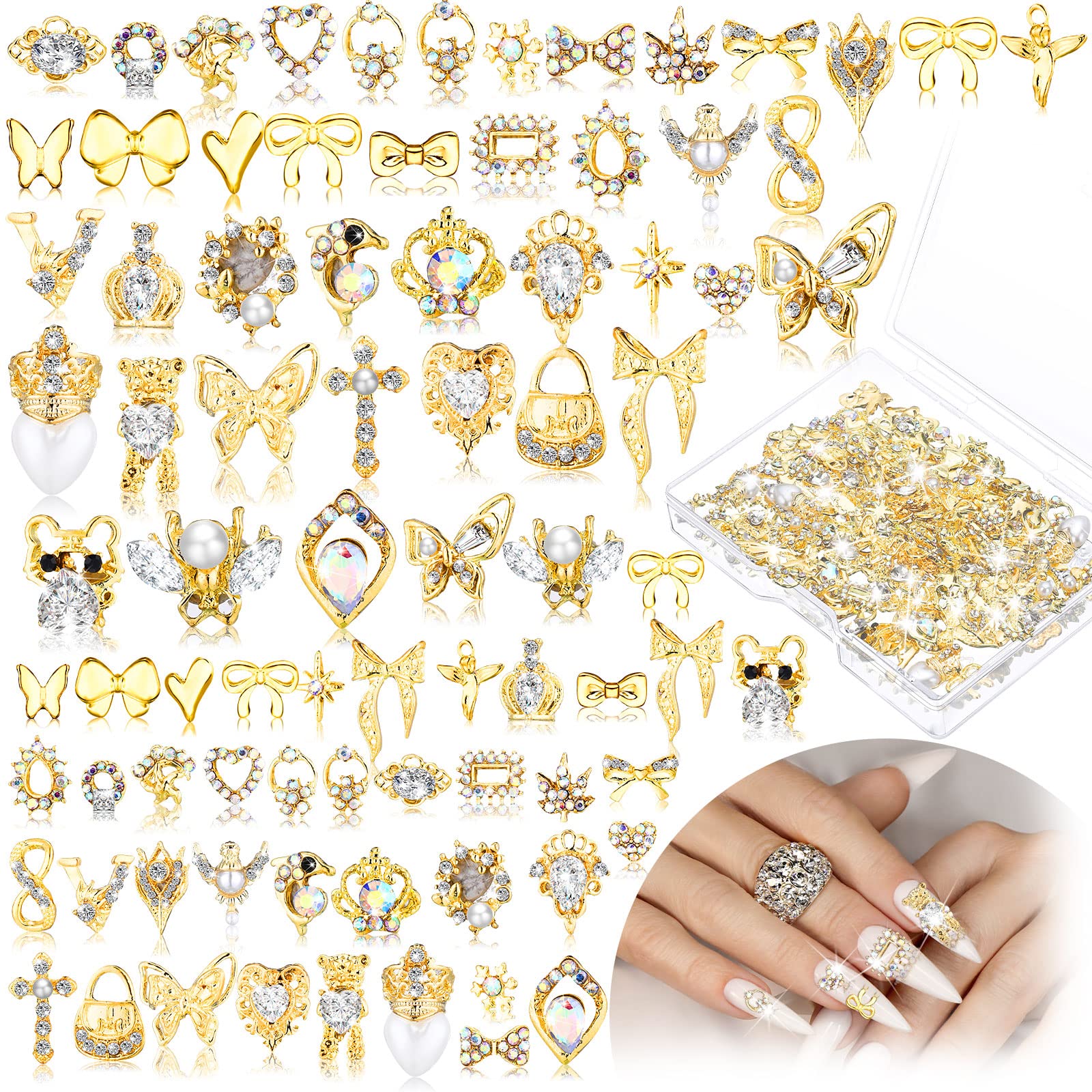 100 Pcs Gold Nail Charms for Acrylic Nails Gold Nail Rhinestones 3D Nail Charms Heart Nail Gems Luxury Decor Diamonds for Nail A