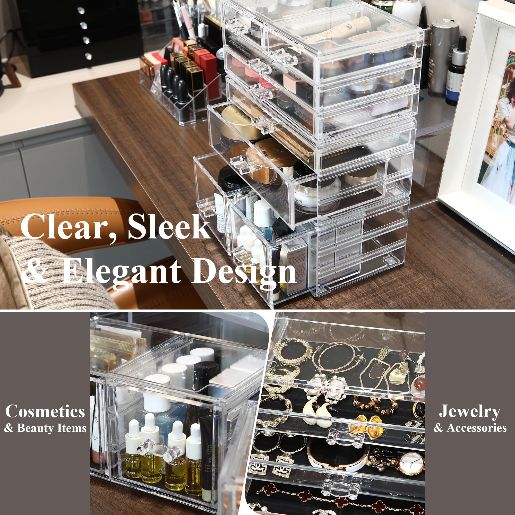 Sea Team 3-Layer Stackable Clear Makeup Organizer with Drawers, Acrylic Plastic Cosmetic Display Case, Jewelry Storage Box, Hold