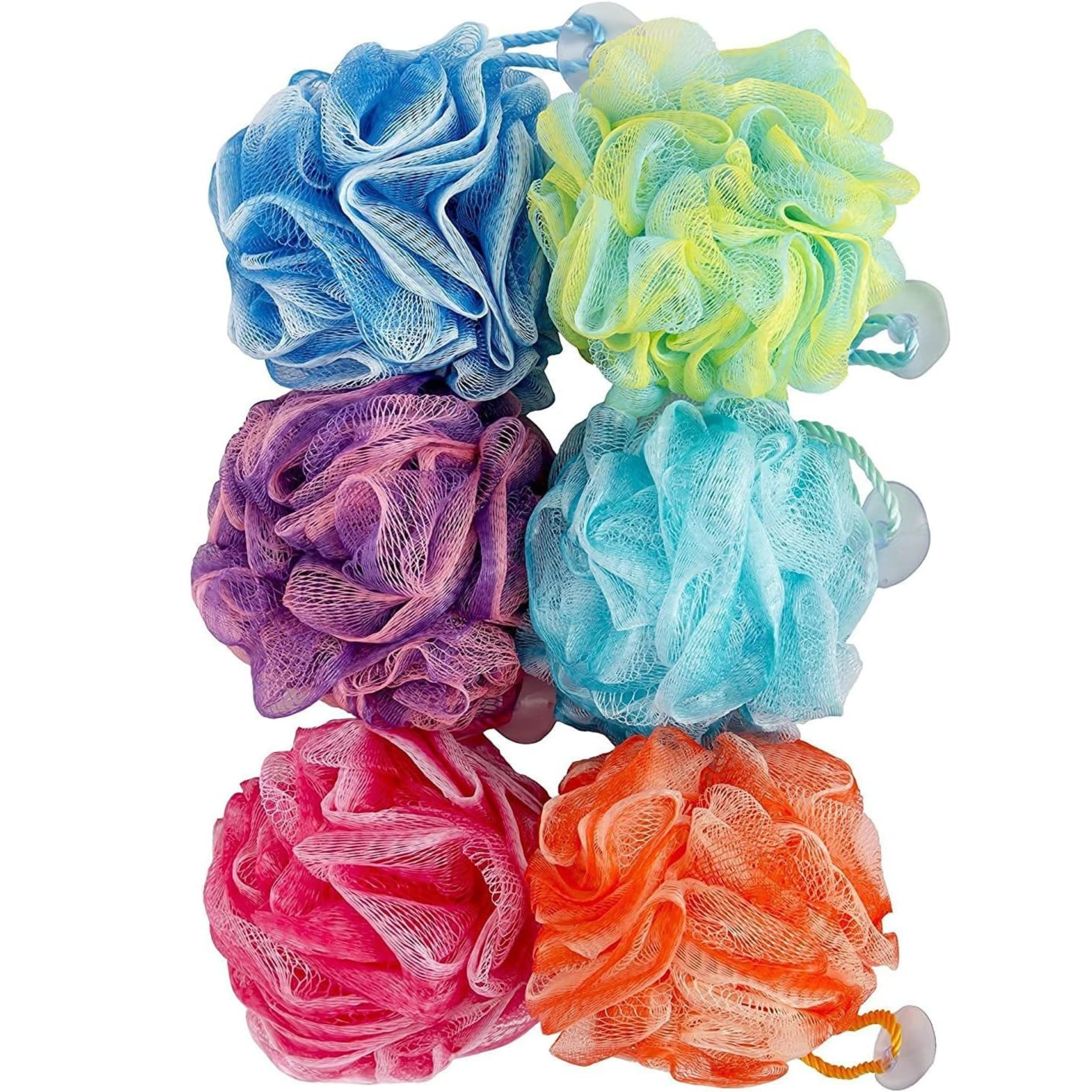 Spa Savvy Bath Loofah Set, Pack Of 6 Shower Body Sponges With Suction Cups For Men And Women, Exfoliating Pouf Bath Accessories,