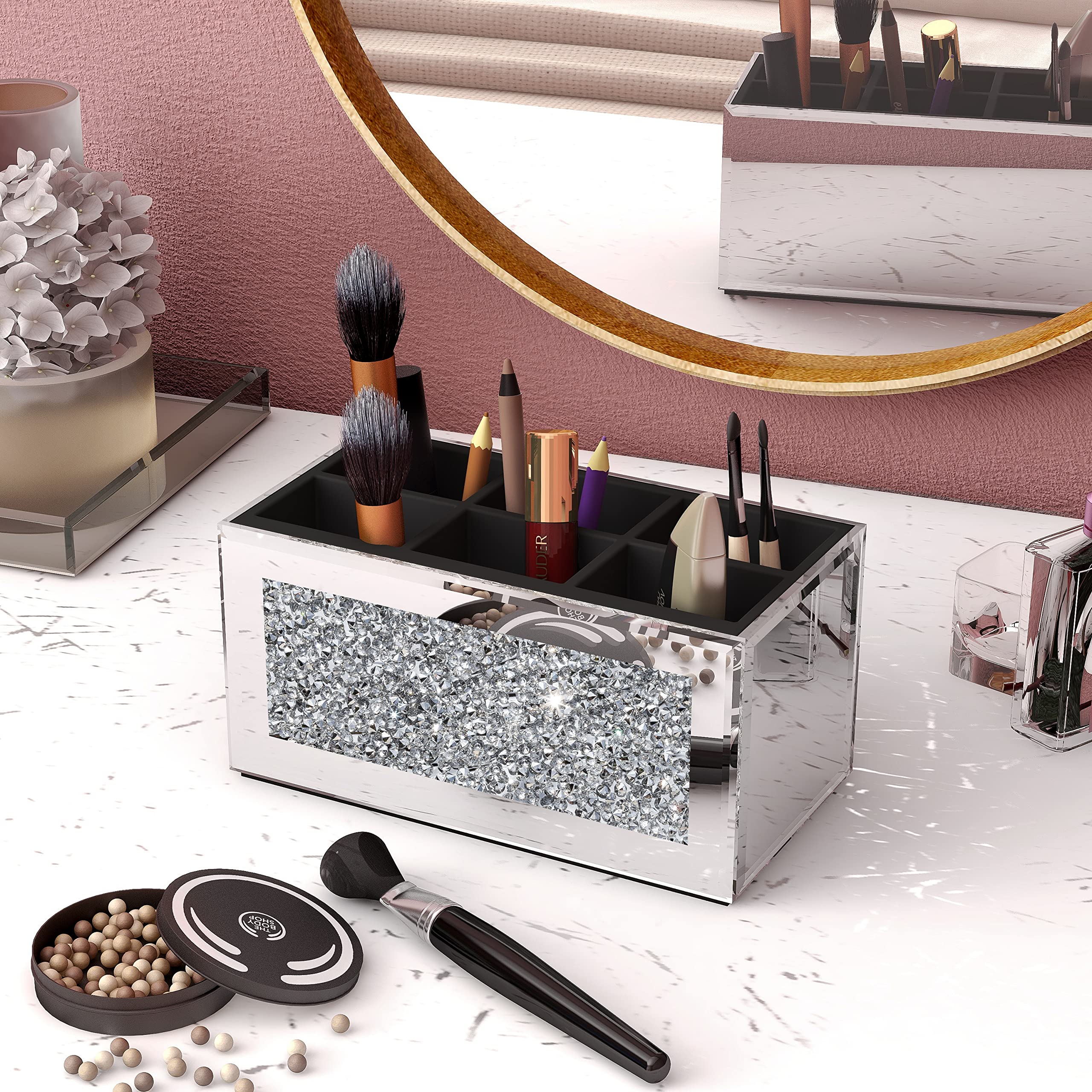 Shyfoy Makeup Brush Holder Organizer With Crushed Diamond 6 Slot Mirrored Make Up Cosmetics Organizers And Storage For Vanity Co