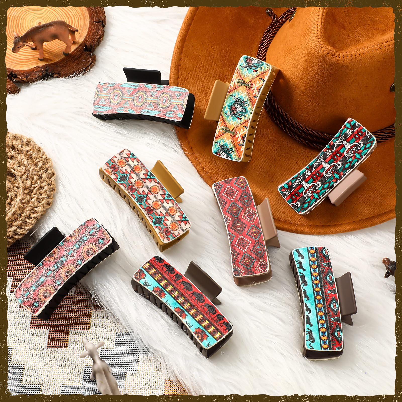 Finecheer 8 Pcs Christmas Western Hair Claw Clips Gifts Leather Highland Cow Print Large Hair Claw Clips Western Hair Accessorie
