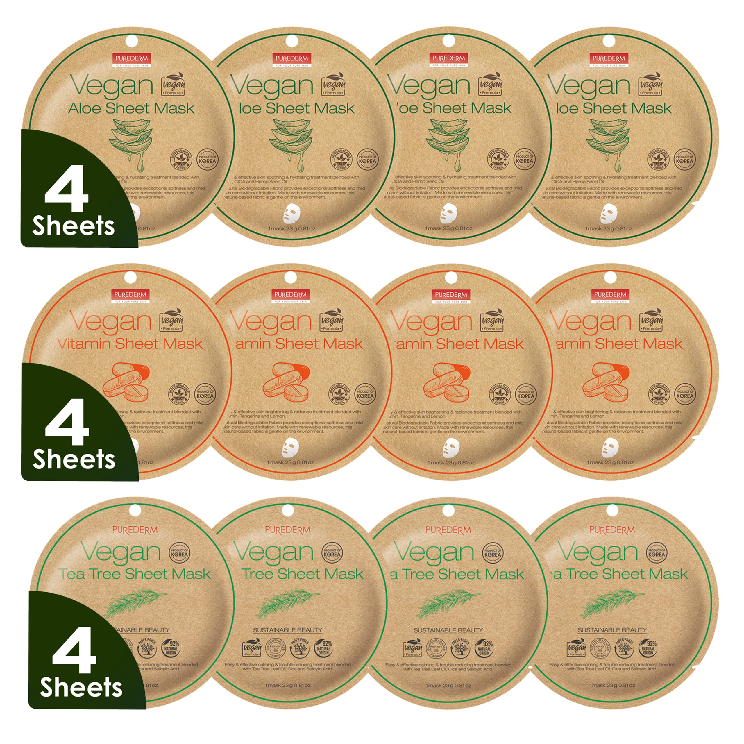 Purederm Vegan Facial Sheet Masks Trio (12 Packs) - Face Masks Skincare For Dry, Dehydrated And Dull Skin