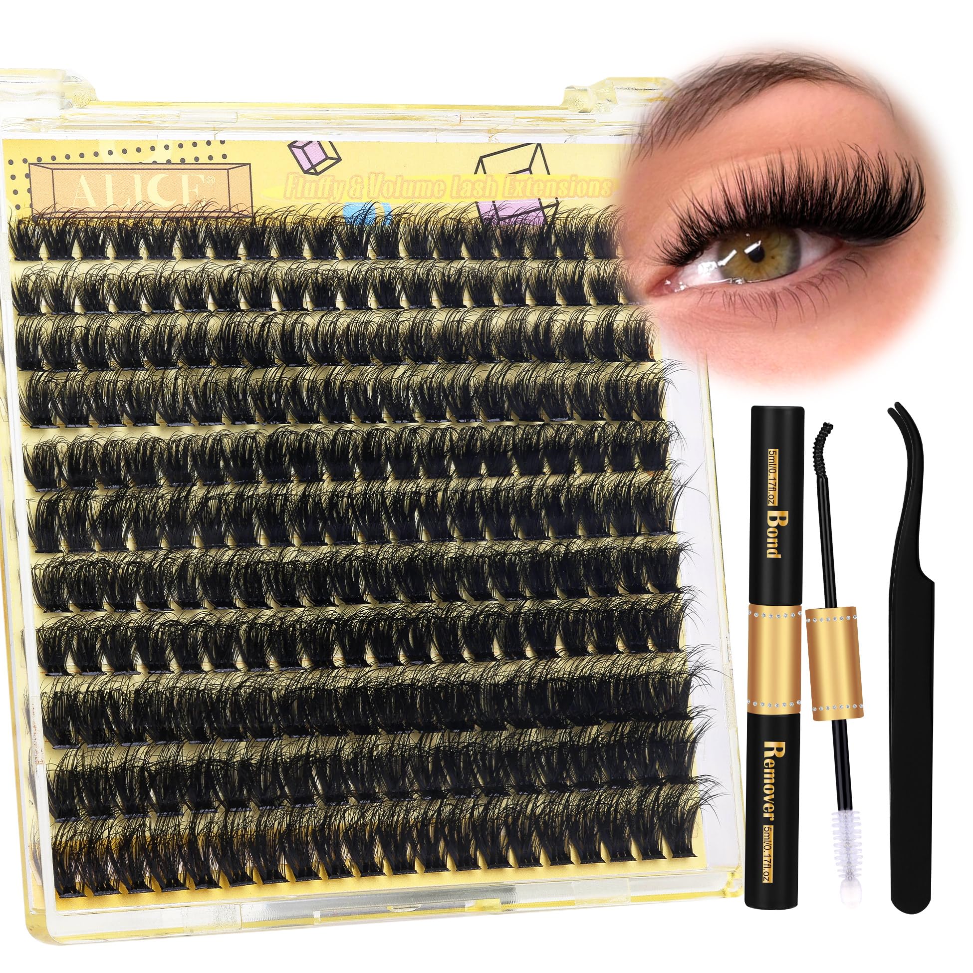ALICE Fluffy Volume Lash Clusters Kit Lash Extension Kit Thick 3D Wispy DIY Eyelash Extension Kit with 220Pcs Mink Look Individu