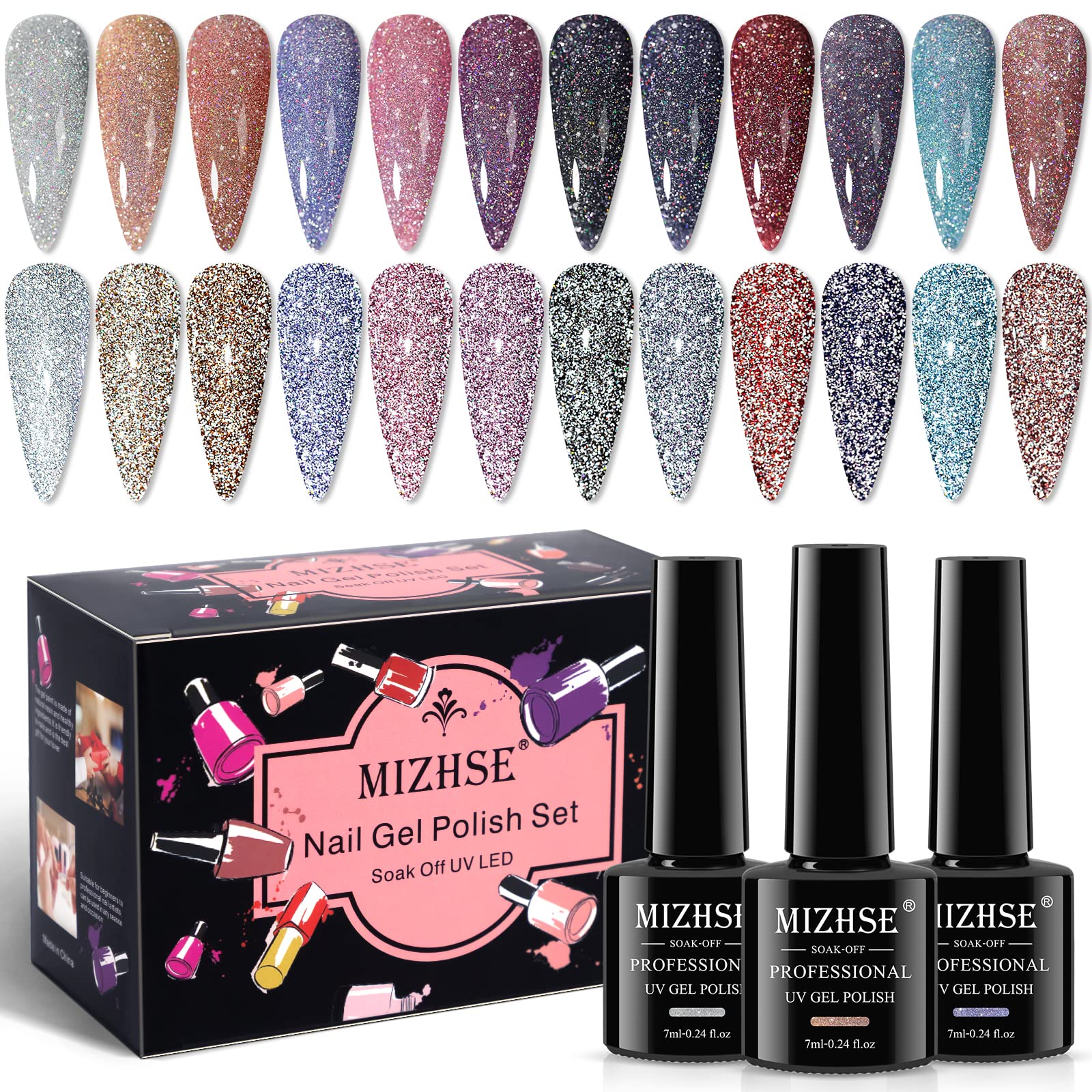 MIZHSE Glitter Gel Nail Polish Kit, 12 Pcs 7ml, Reflective Sparkly Colors for Home Manicure & Nail Art, MKL-008