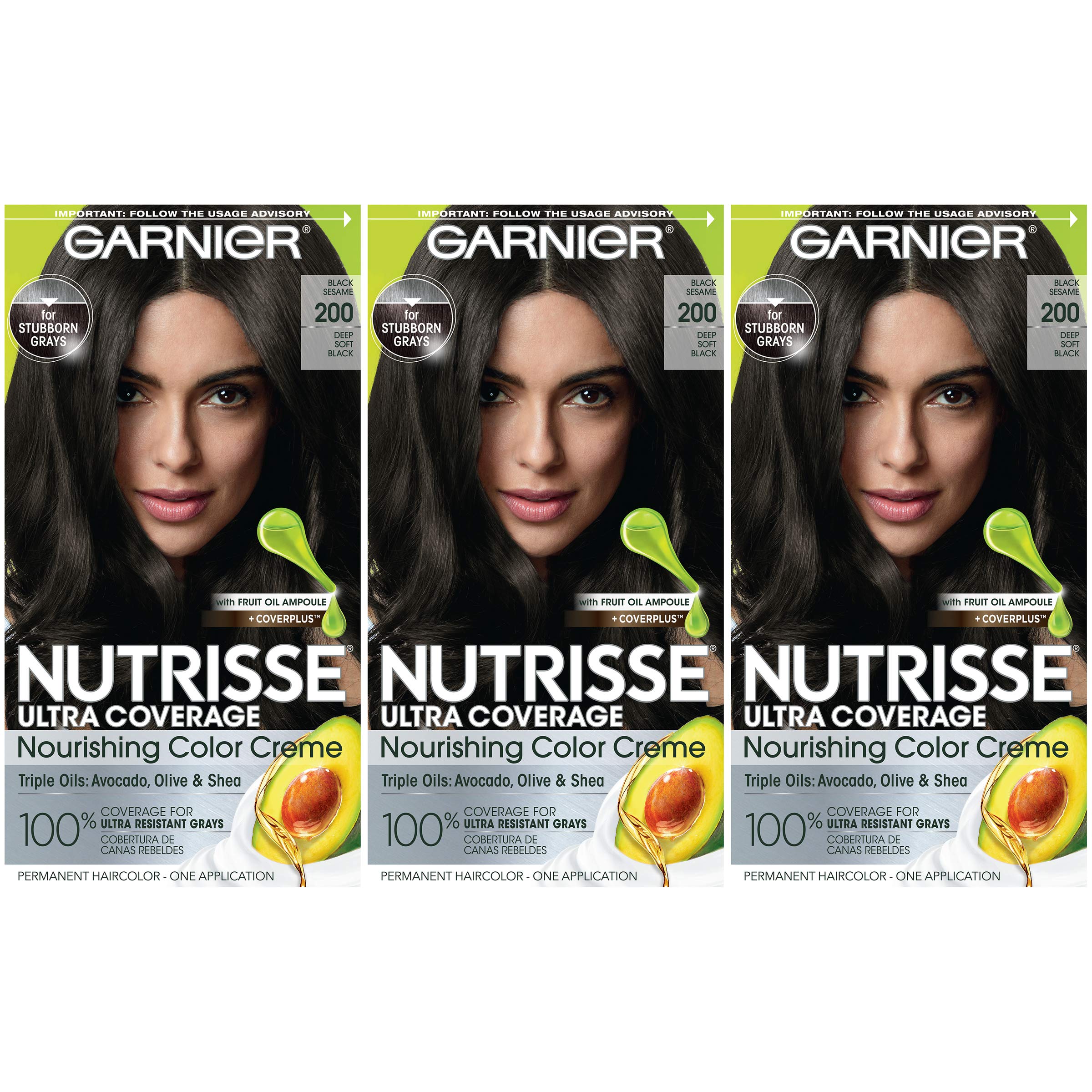 Garnier Hair Color Nutrisse Ultra Coverage Nourishing Creme, 200 Deep Soft Black (Black Sesame) Permanent Hair Dye, 3 Count (Pac