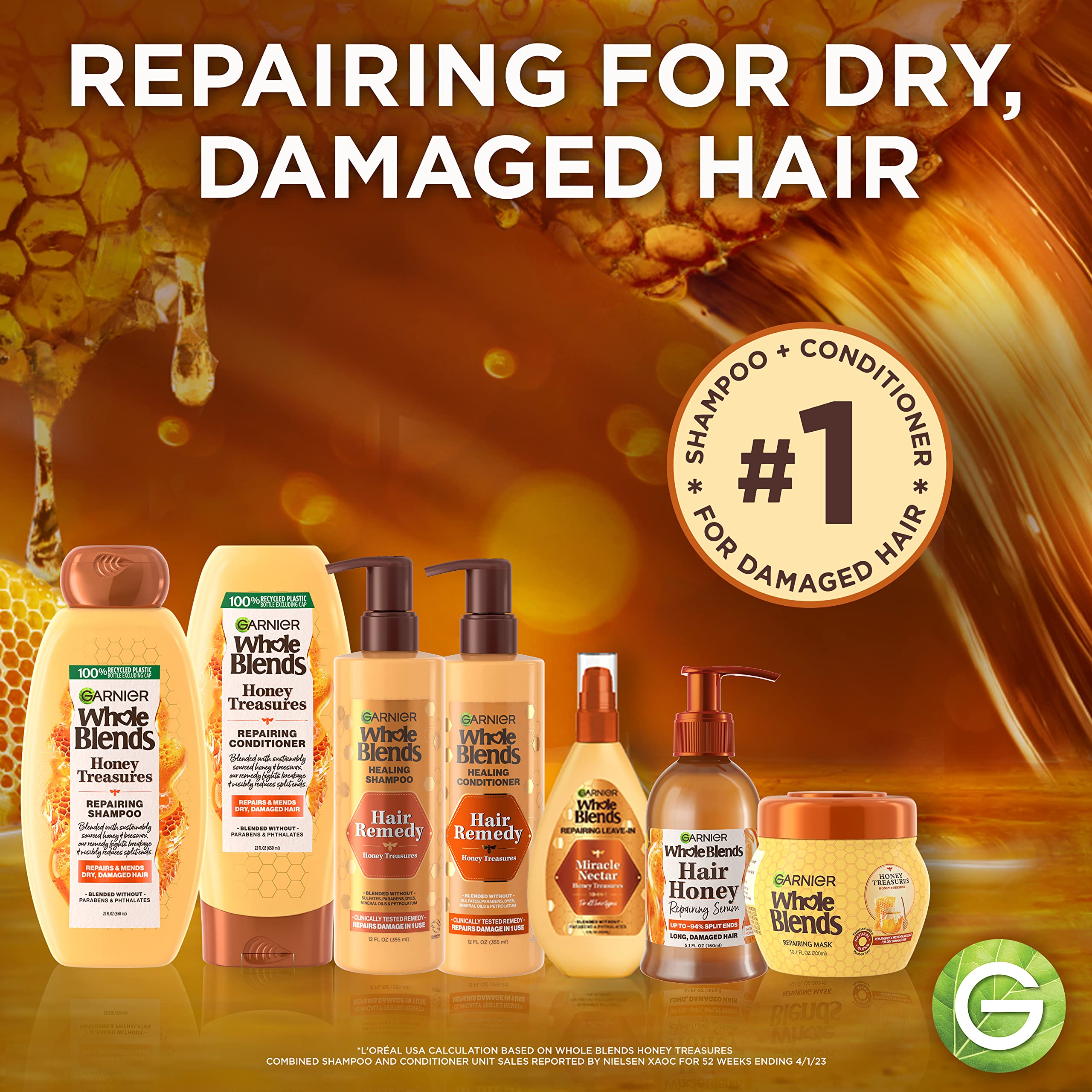 Garnier Whole Blends Honey Treasures Repairing Shampoo and Conditioner Set for Dry, Damaged Hair, 22 Fl Oz (2 Items), 1 Kit (Pac