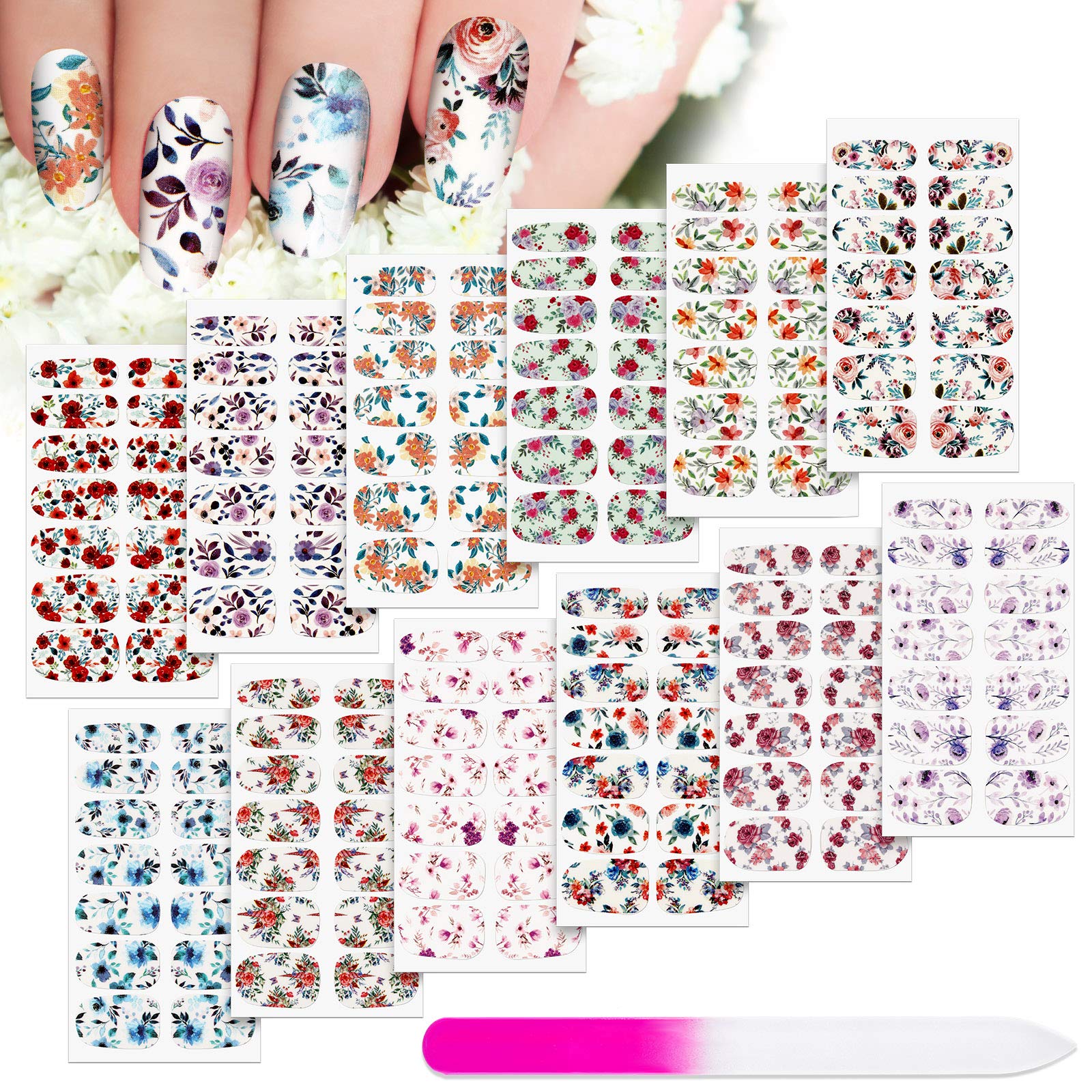 168 Pieces 12 Sheets Full Wraps Nail Polish Stickers Flower Print Self-Adhesive Nail Art Decal Strips Manicure Kits Colorful Flo