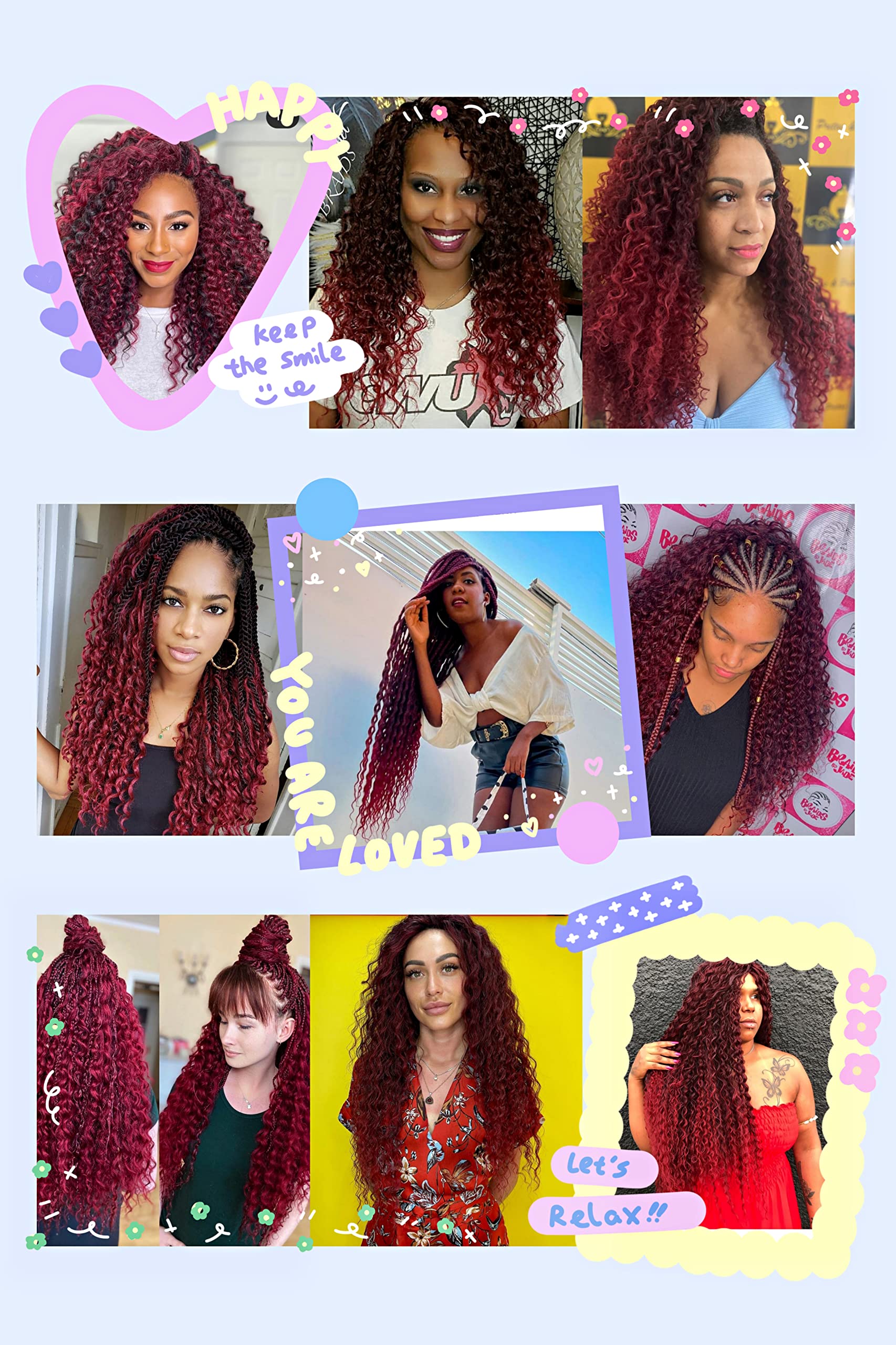 Burgundy Curly Braiding Crochet Hair Dark red Ocean Wave Crochet hair 22 inch 6Packs Deep Wave Crochet Hair Extensions for Women
