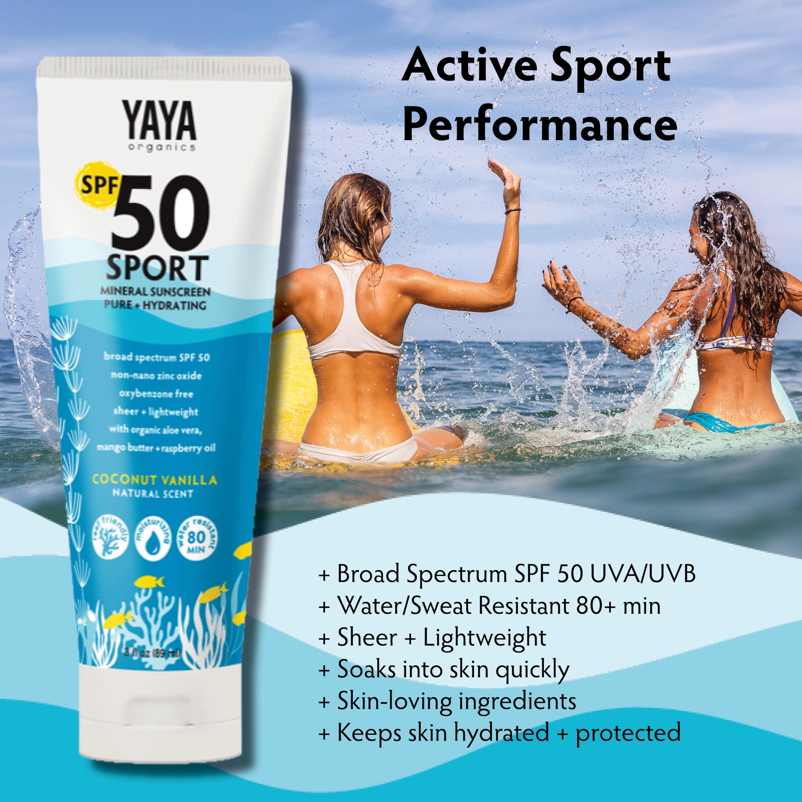 YAYA ORGANICS Sport Mineral Sunscreen Lotion with Free Sponge Applicators, SPF 50, Reef-Friendly, Non-Nano Zinc Oxide, Water-Res